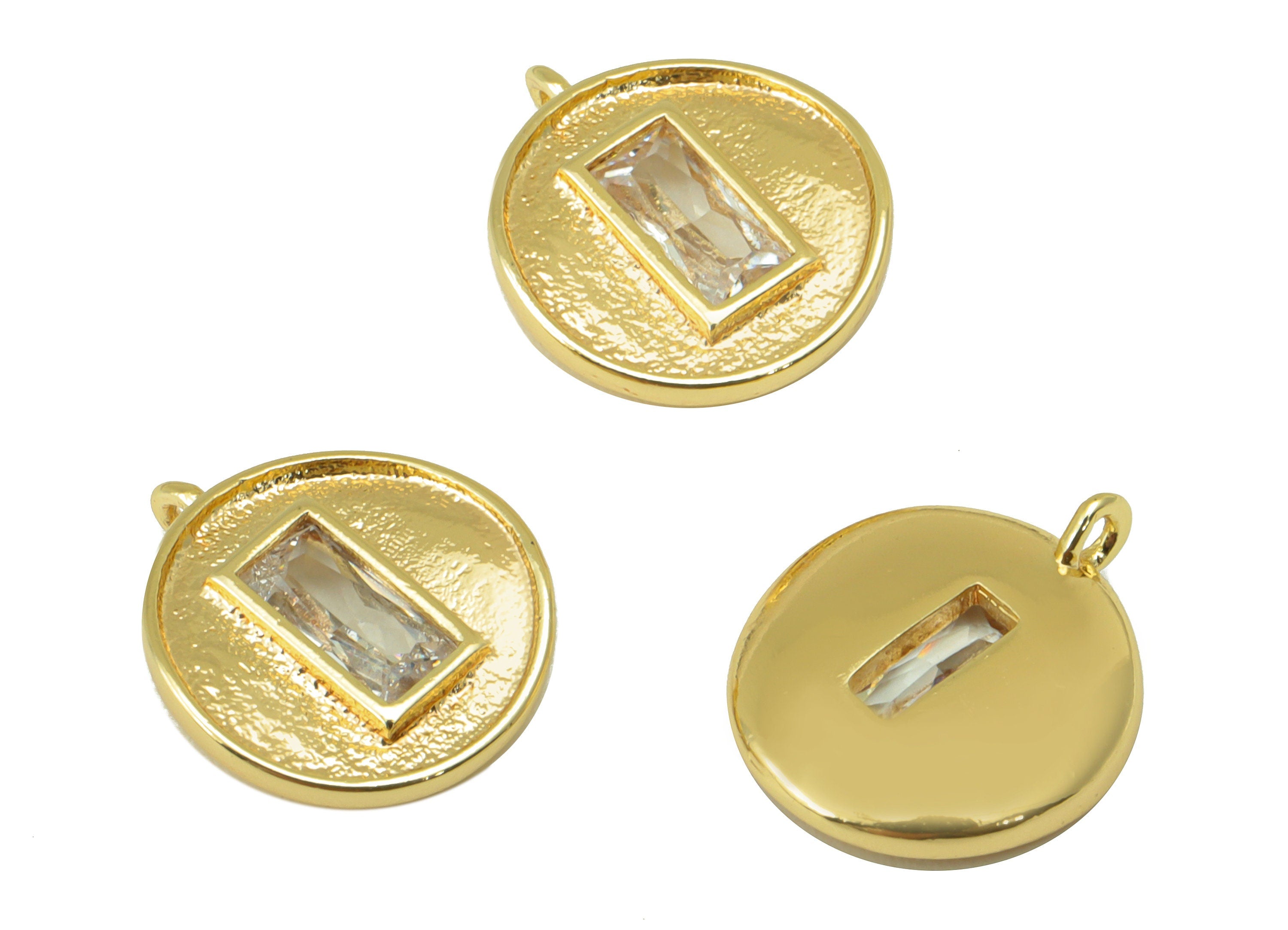 Brass Bent Round Earring - Textured Emerald Charm - Cubic Zirconia Mini Pendant - For Necklace - 18k Real Gold Plated - 13x11x2mm- RGP6402 - DOMEDBAZAAR