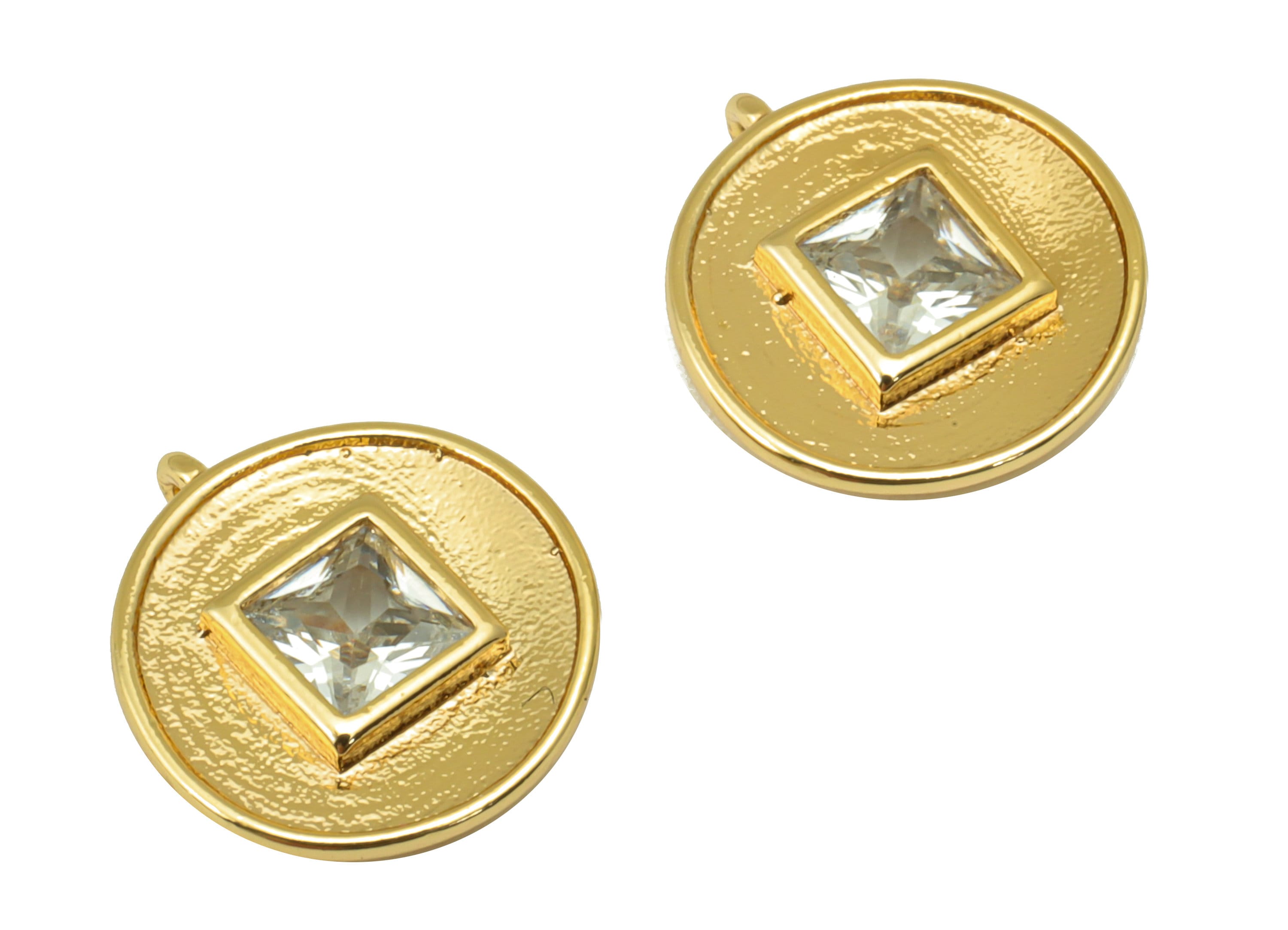 Brass Bent Round Earring - Textured Princess Charm - Cubic Zirconia Mini Pendant - For Necklace - 18k Real Gold Plated - 13x11x3mm- RGP6411 - DOMEDBAZAAR