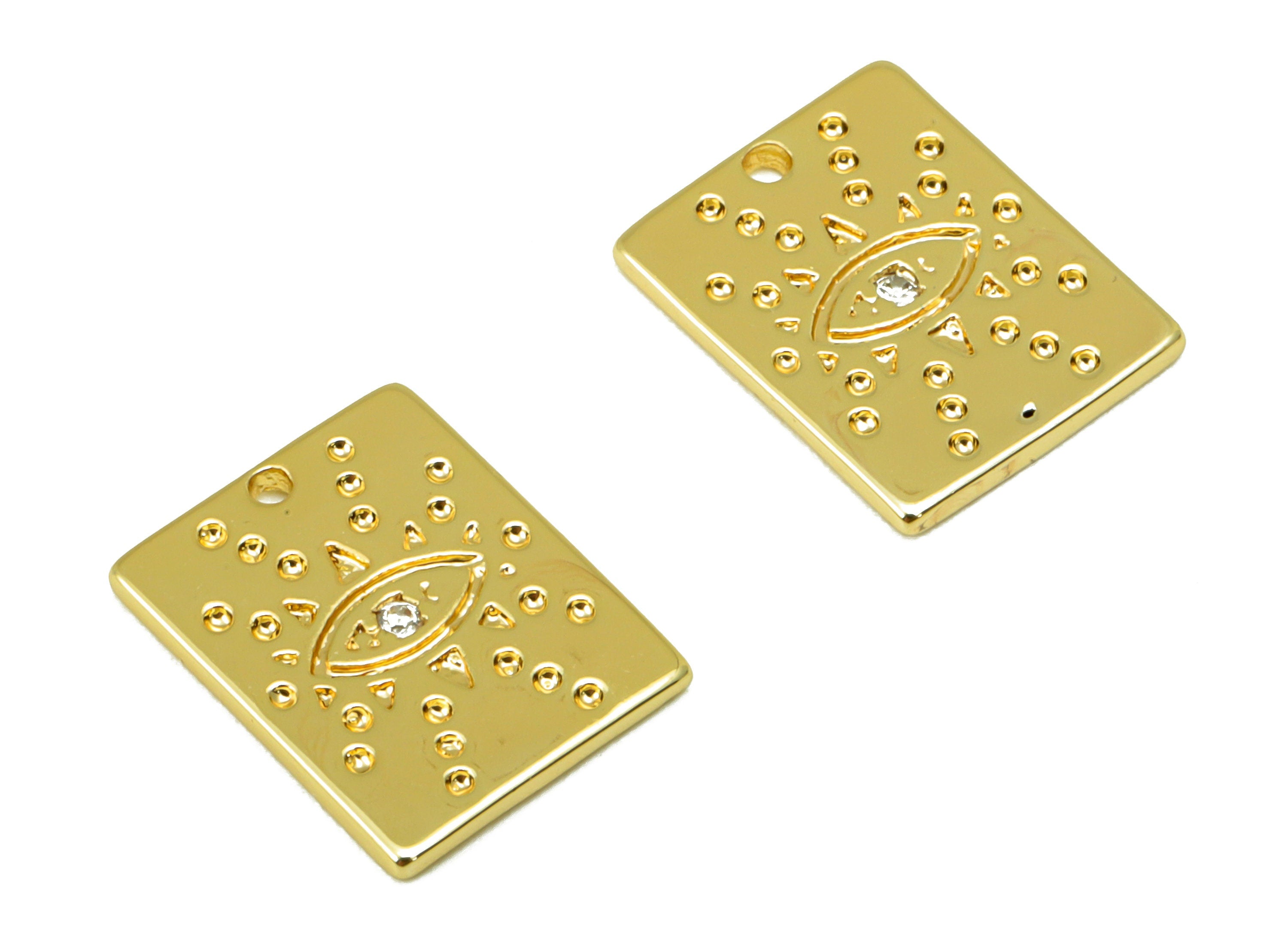 Brass Rectangle Earring - Brass Cubic Zirconia Eye Charm - CZ Dot Pendant - For Necklace -18k Real Gold Plated -12.5x10x 1.01mm - RGP6451 - DOMEDBAZAAR