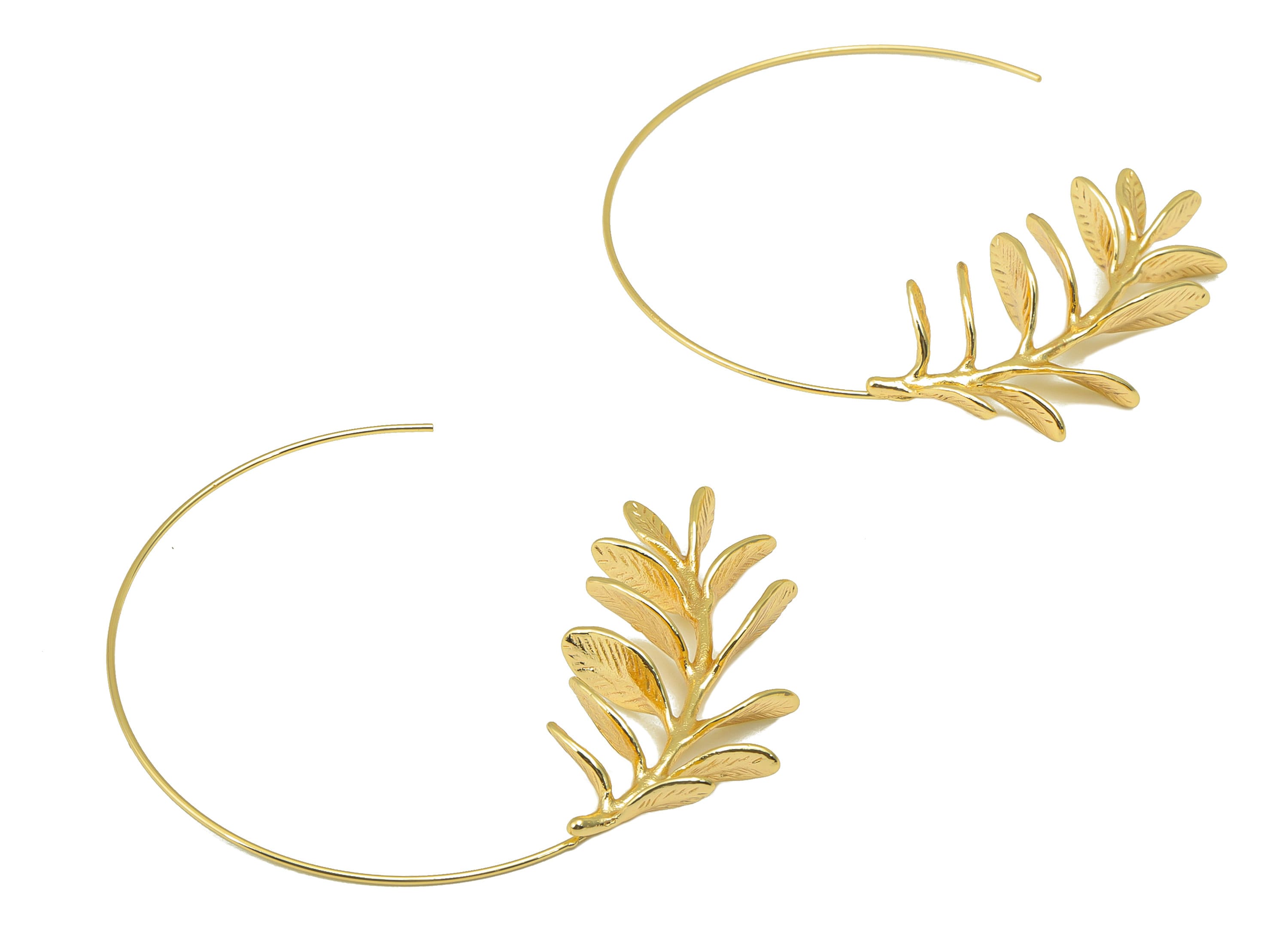 Brass Branch Earring Stud - Brass Open Hoop Leaf Earring Post - Botanical Post - Wire Branch Hoop -18K Real Gold Plated - 53x55x1mm- RGP6259 - DOMEDBAZAAR