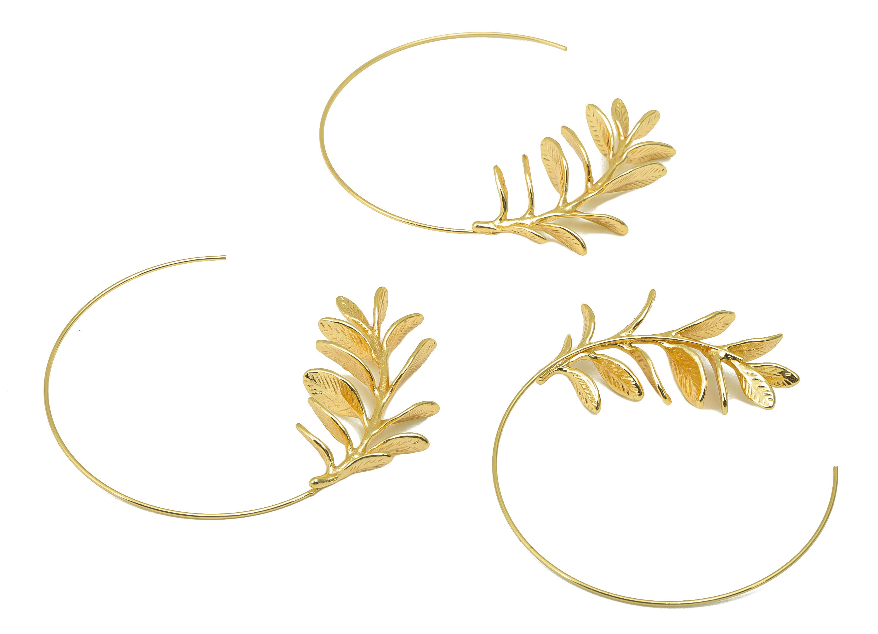 Brass Branch Earring Stud - Brass Open Hoop Leaf Earring Post - Botanical Post - Wire Branch Hoop -18K Real Gold Plated - 53x55x1mm- RGP6259 - DOMEDBAZAAR