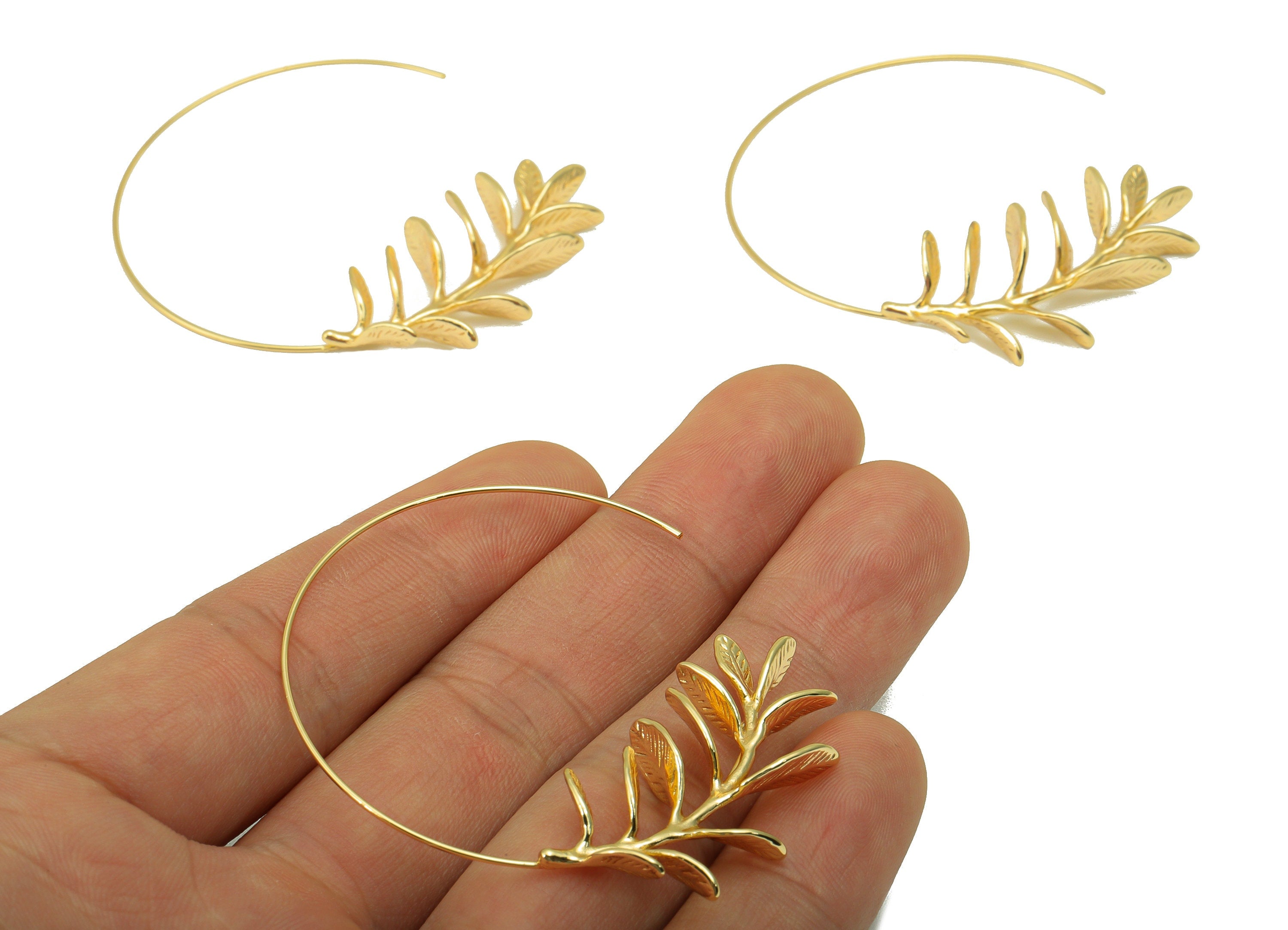 Brass Branch Earring Stud - Brass Open Hoop Leaf Earring Post - Botanical Post - Wire Branch Hoop -18K Real Gold Plated - 53x55x1mm- RGP6259 - DOMEDBAZAAR