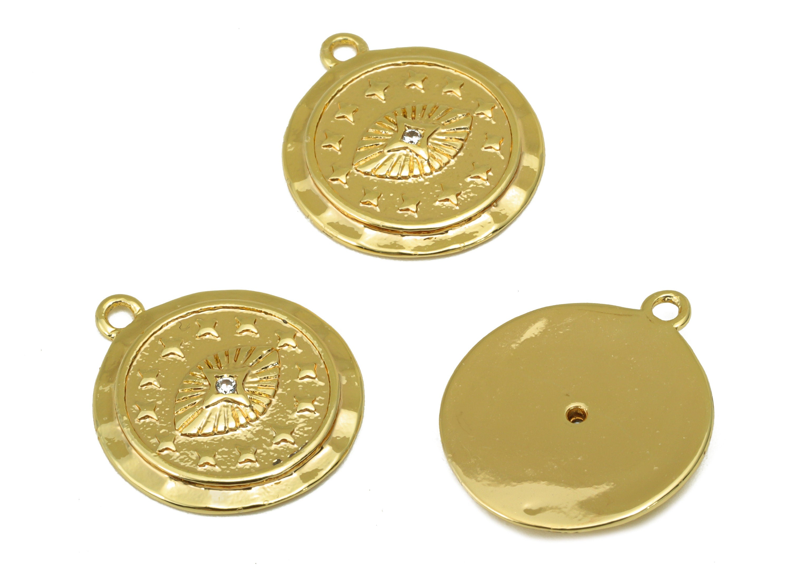Brass Round Earring - Brass Cubic Zirconia Eye Charm - CZ Hammered Star Pendant - For Necklace -18k Real Gold Plated -20x17x2.15mm - RGP6452 - DOMEDBAZAAR