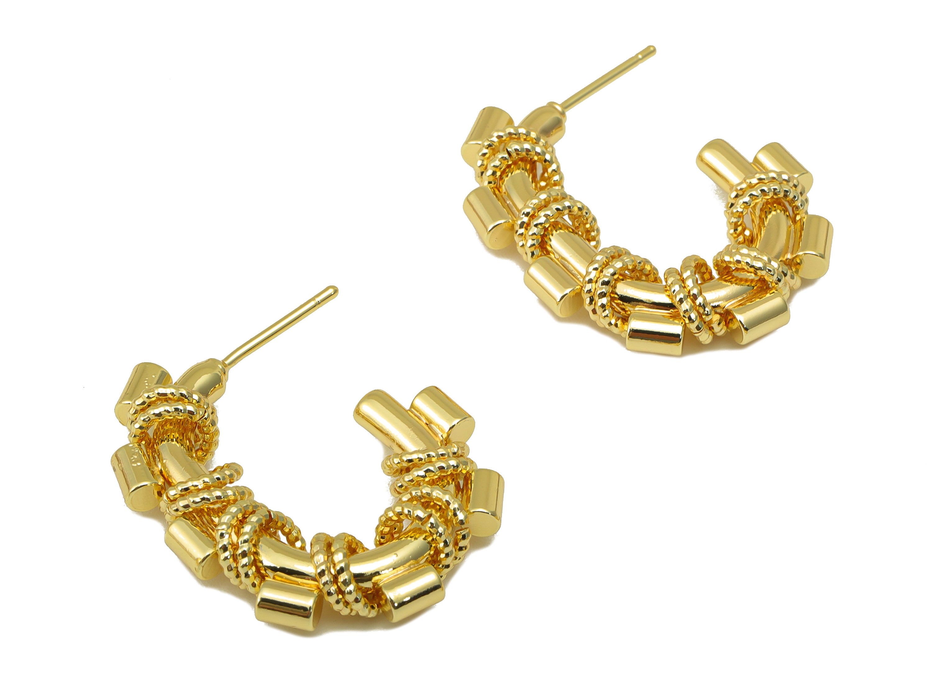 Brass Oval Rectangle Earring Stud - Cylinder Winding Chain Post - Beaded Hoop Earring - 18K Real Gold Plated - 31x24x5mm- RGP6252 - DOMEDBAZAAR