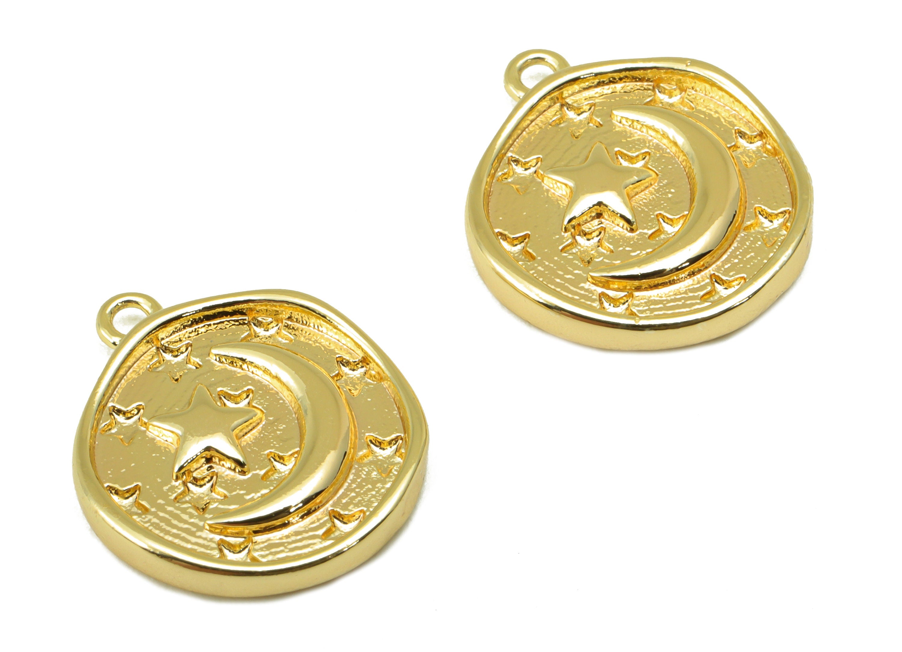 Brass Round Earring - Brass Crescent Charm - Brass Textured Star Pendant - For Necklace - 18k Real Gold Plated - 17x14mm x 2.5mm - RGP6454 - DOMEDBAZAAR