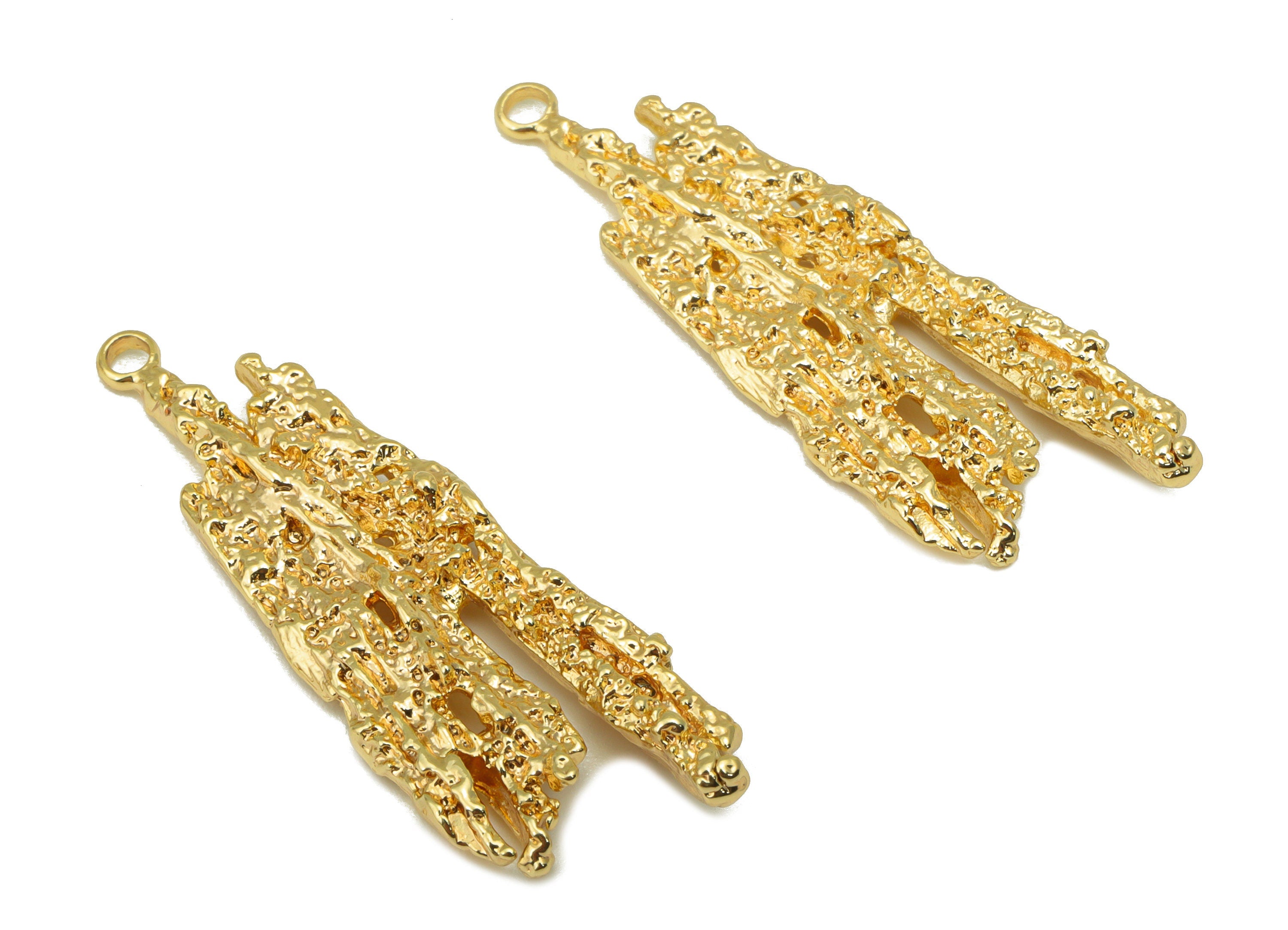 Brass Textured Earring - Brass Bark Charm - Brass Botanical Pendant - For Necklace - 18k Real Gold Plated - 35.95 x 12.3 x 3.53mm - RGP6455 - DOMEDBAZAAR