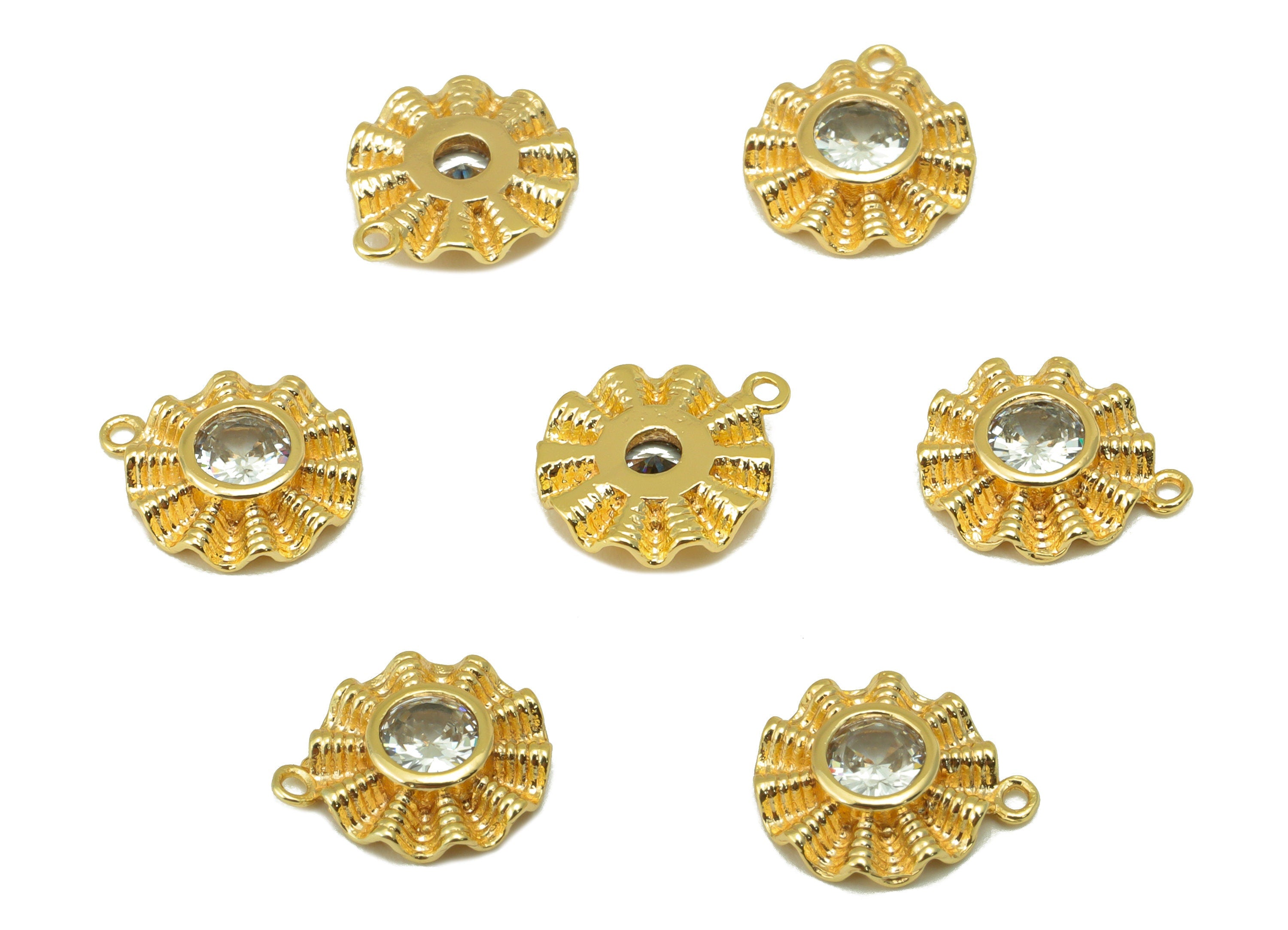 Brass Round Earring - Brass Cubic Zirconia Flower Charm - CZ Textured Mini Pendant - For Necklace -18k Real Gold Plated -12x10x3mm - RGP6457 - DOMEDBAZAAR