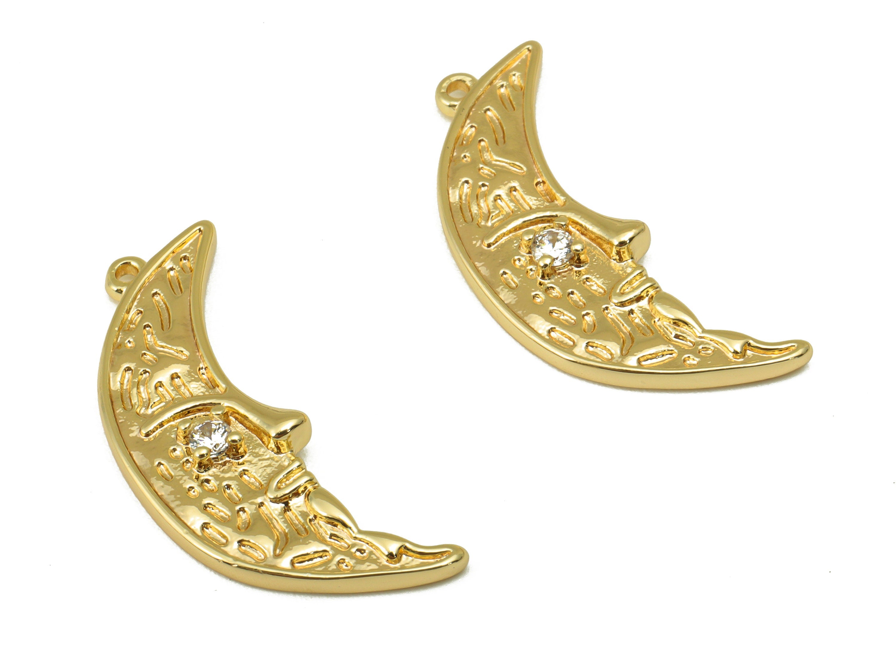 Brass Crescent Earring - Brass Cubic Zirconia Moon Face Charm - CZ Textured Pendant -For Necklace -18k Real Gold Plated -27x12x3mm - RGP6464 - DOMEDBAZAAR