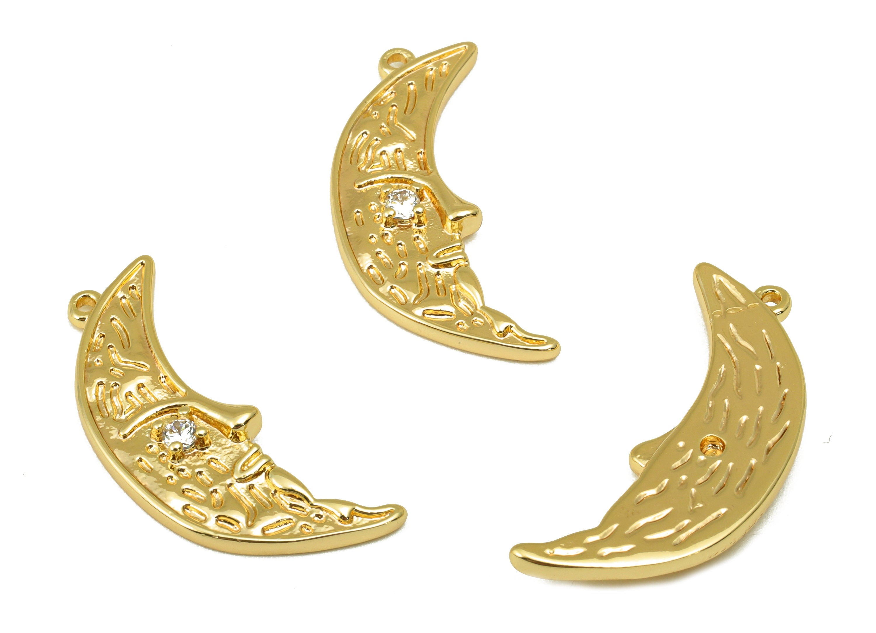 Brass Crescent Earring - Brass Cubic Zirconia Moon Face Charm - CZ Textured Pendant -For Necklace -18k Real Gold Plated -27x12x3mm - RGP6464 - DOMEDBAZAAR