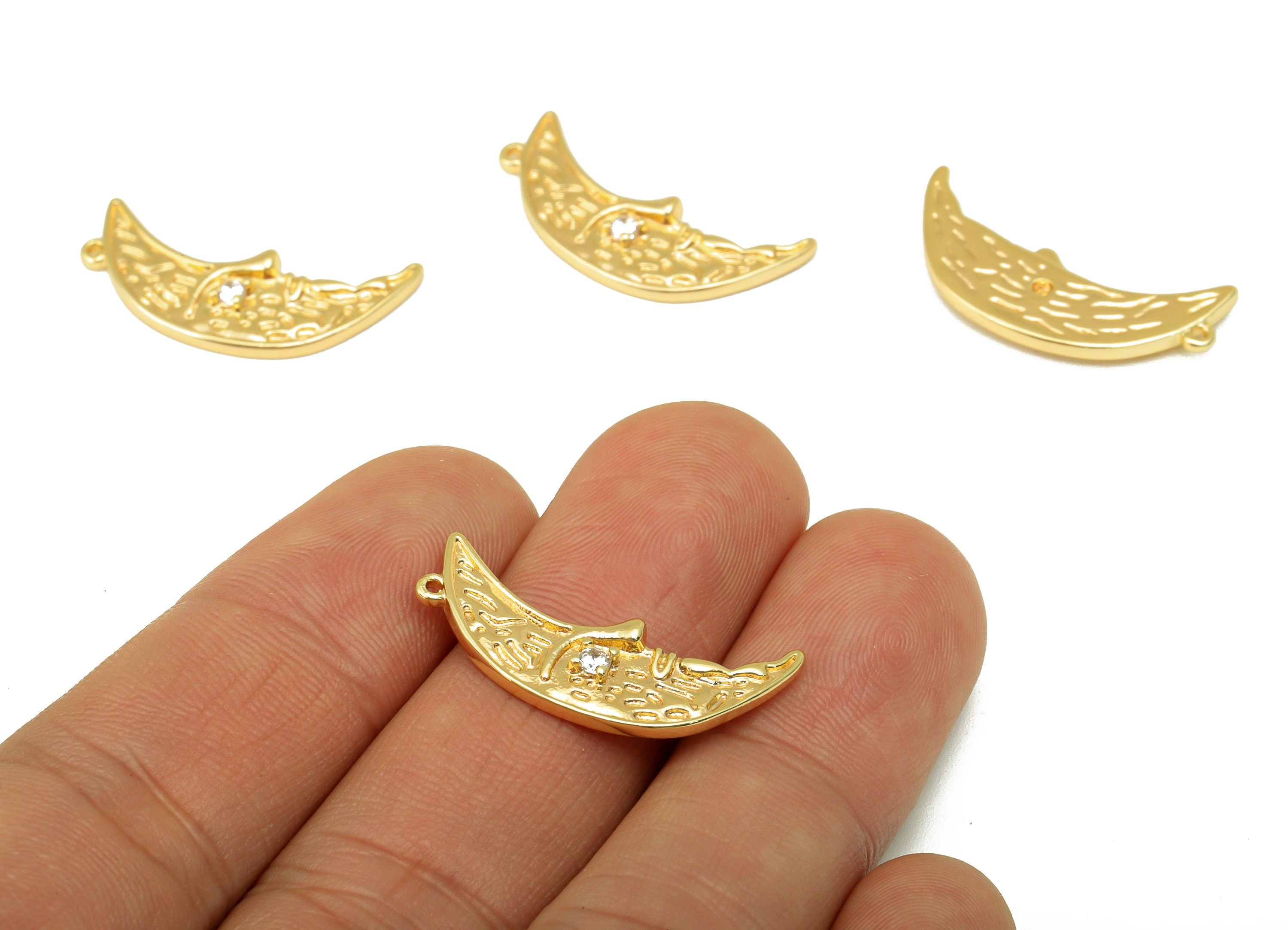 Brass Crescent Earring - Brass Cubic Zirconia Moon Face Charm - CZ Textured Pendant -For Necklace -18k Real Gold Plated -27x12x3mm - RGP6464 - DOMEDBAZAAR
