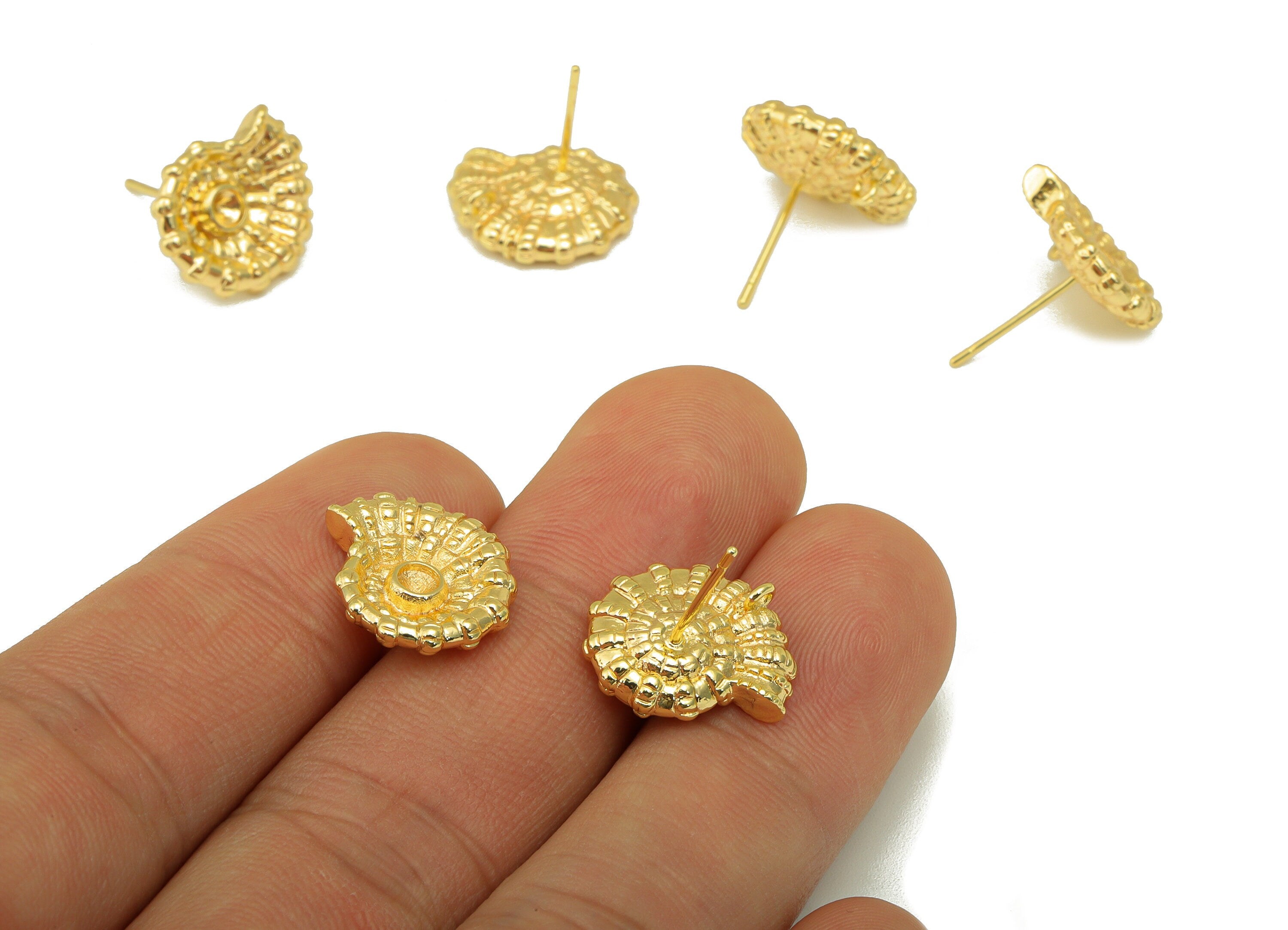 Brass Snail Earring Stud - Textured Snail Earring Post - Marine Post For Pearl- 18K Real Gold Plated -15.15x12.88x3.14mm- RGP6202 - DOMEDBAZAAR
