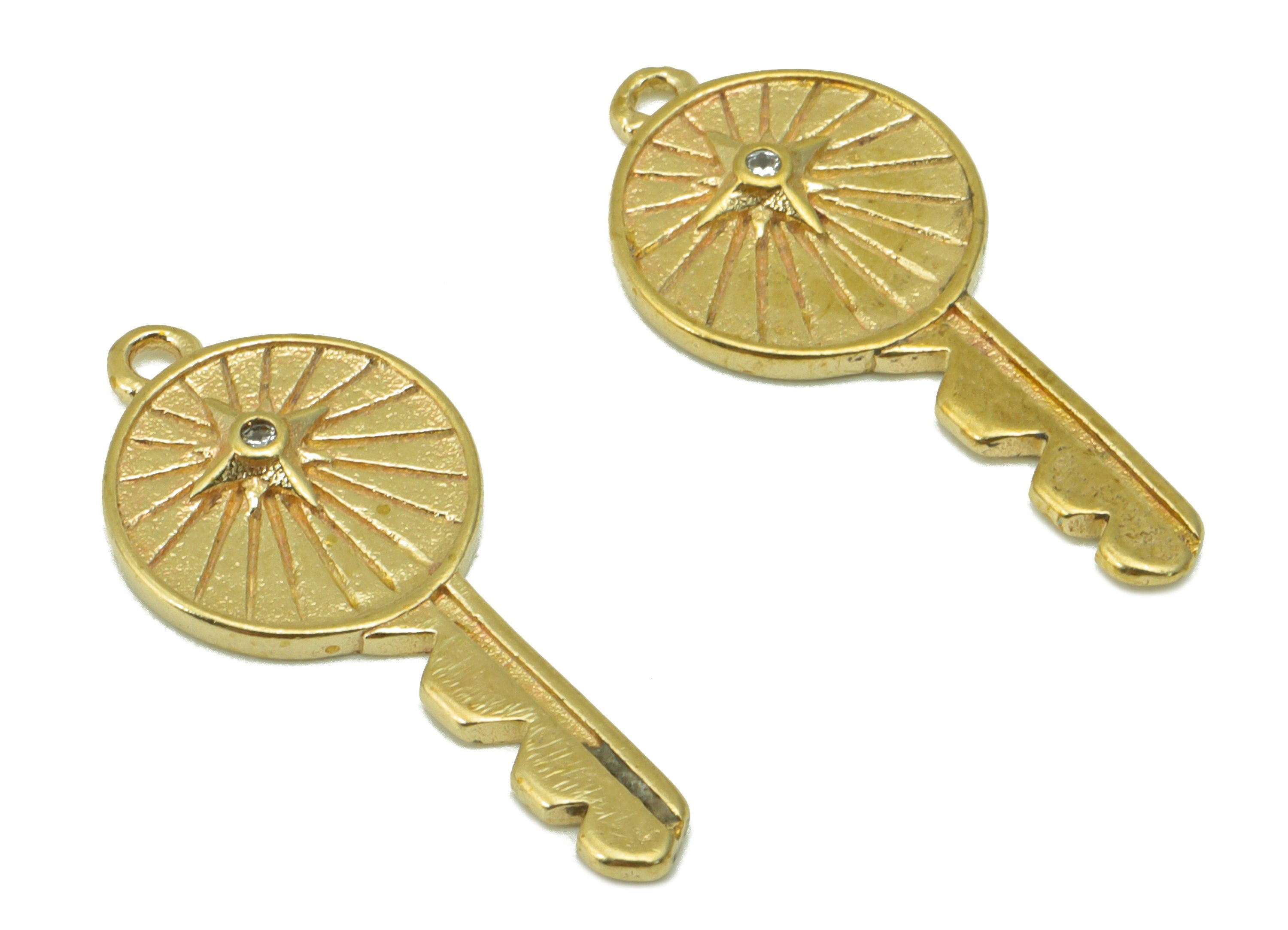 Brass Key Earring Charms - Raw Brass Key Pendant - CubicZircons - Jewelry Supplies  - 22x 10x 1.91mm - PP8438 - DOMEDBAZAAR