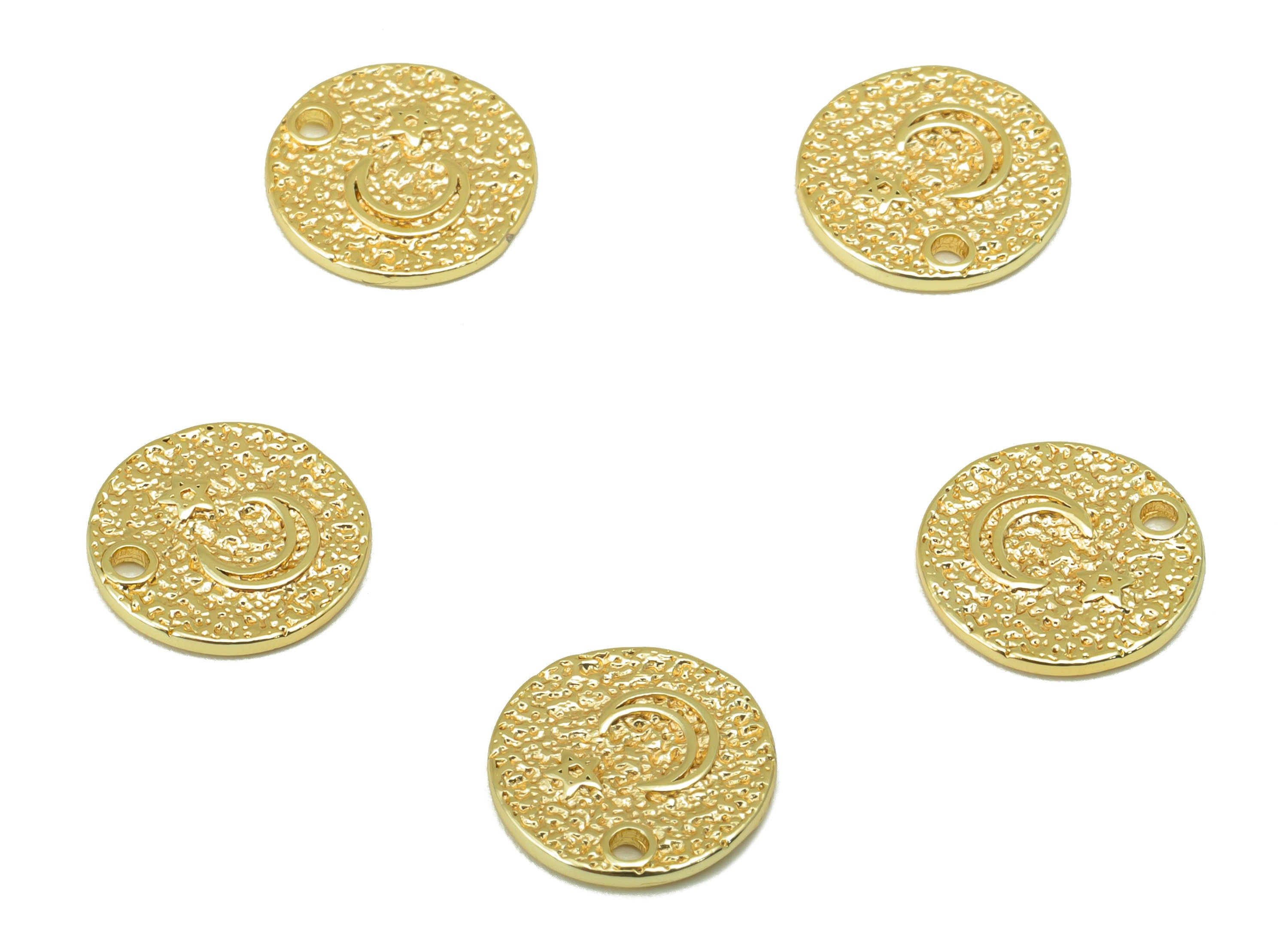 Brass Round Earring - Brass Crescent Star Charm - Textured Star Pendant - For Necklace - 18k Real Gold Plated - 10.56x10.56x0.87mm - RGP6477 - DOMEDBAZAAR
