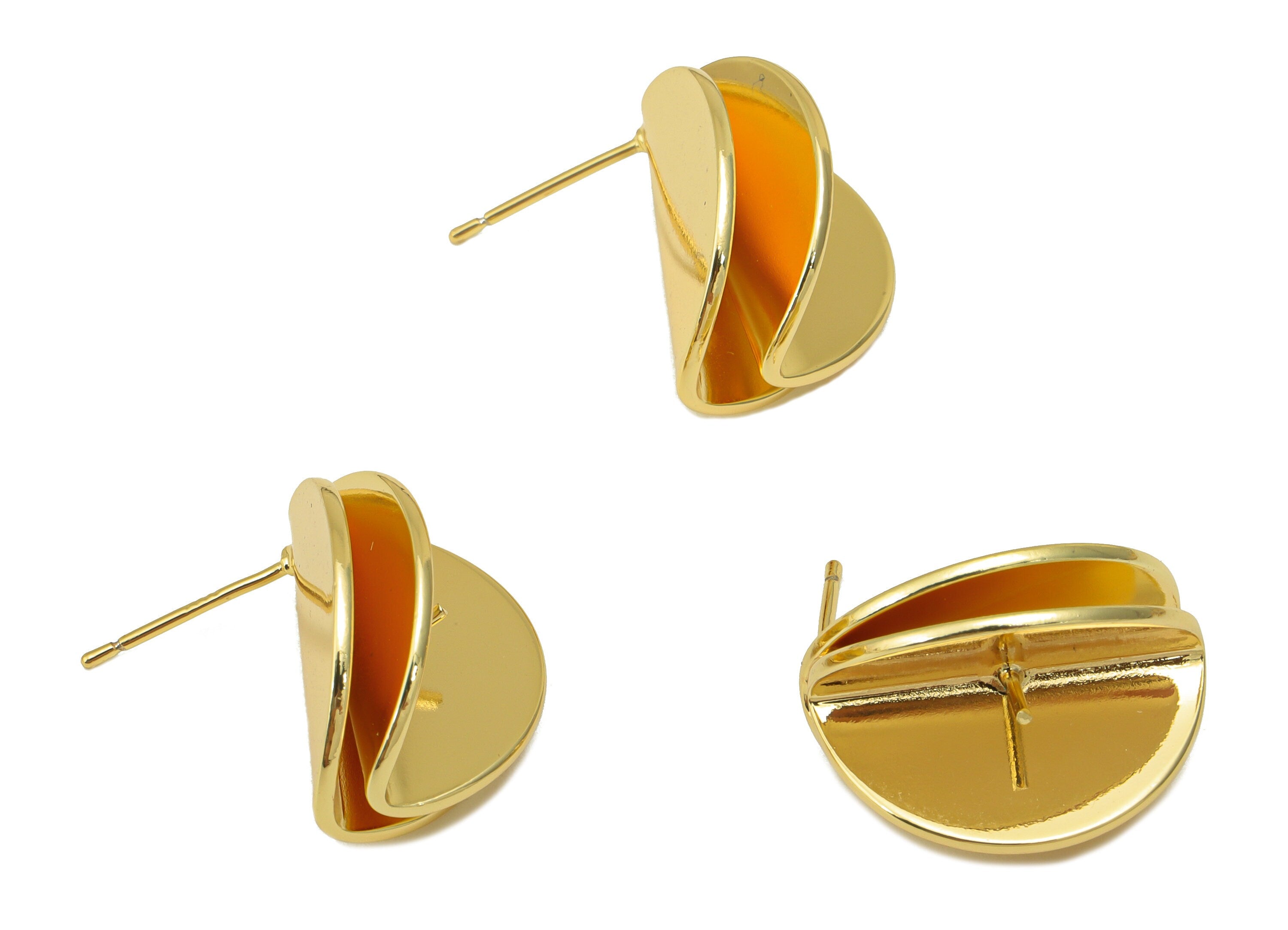 Brass Half Round Earring Stud - Fold Circle Earring Post - Bent Double Round Earring Post for Pearl- 18K Real Gold Plated-20x16x1mm- RGP6250 - DOMEDBAZAAR