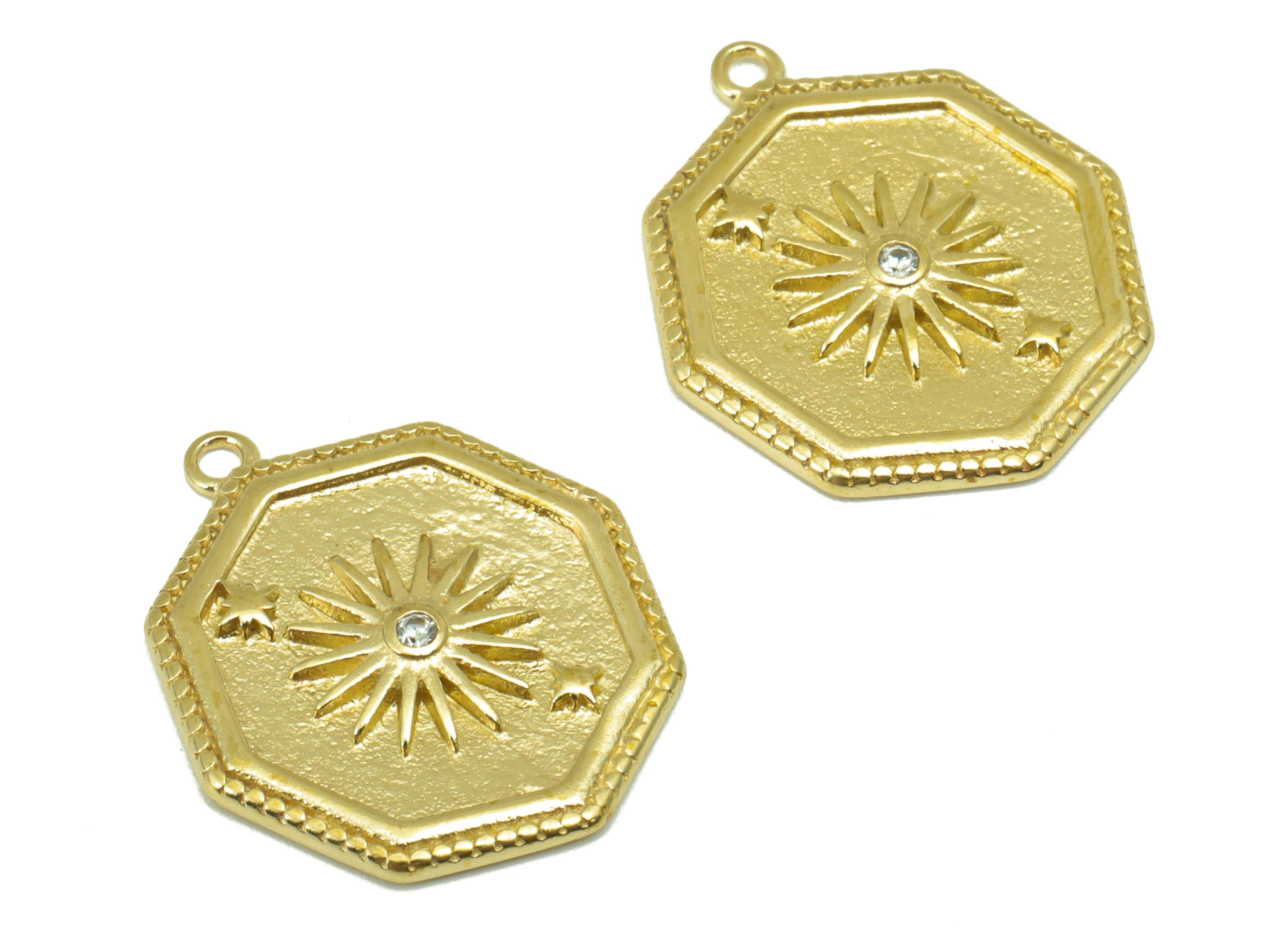 Brass Octagon Earring Charm- Raw Brass Octagon Sun Pendant - Cubic Zircon Star Night Sky - Jewelry Making Supplies - 21x 17x 1.63mm-PP8432 - DOMEDBAZAAR