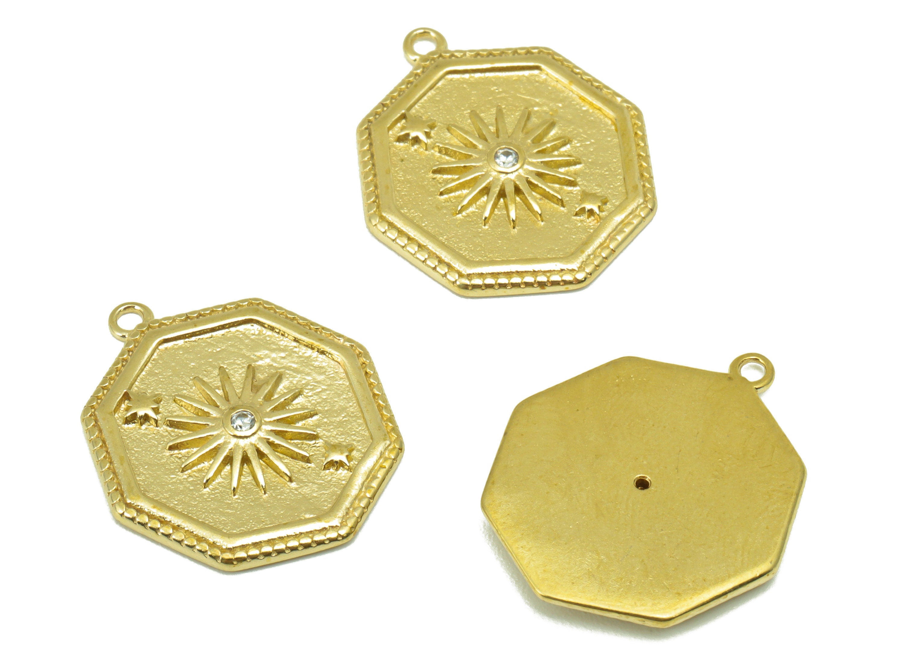 Brass Octagon Earring Charm- Raw Brass Octagon Sun Pendant - Cubic Zircon Star Night Sky - Jewelry Making Supplies - 21x 17x 1.63mm-PP8432 - DOMEDBAZAAR