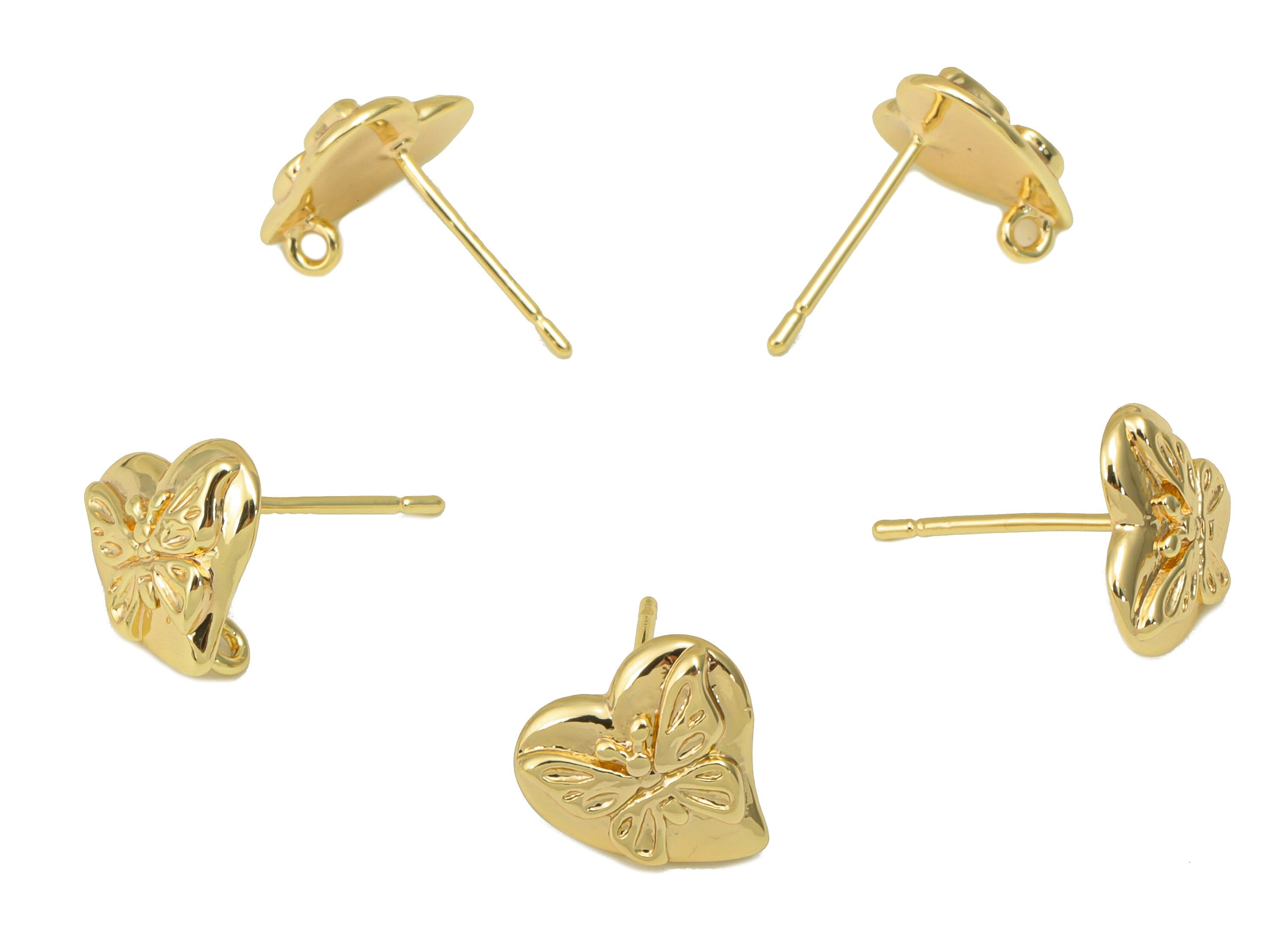 Brass Heart Earring Stud - Butterfly Earring Post - Butterfly Earring Post With Loop - 18K Real Gold Plated - 9.5x10.67x2.26mm- RGP6282 - DOMEDBAZAAR