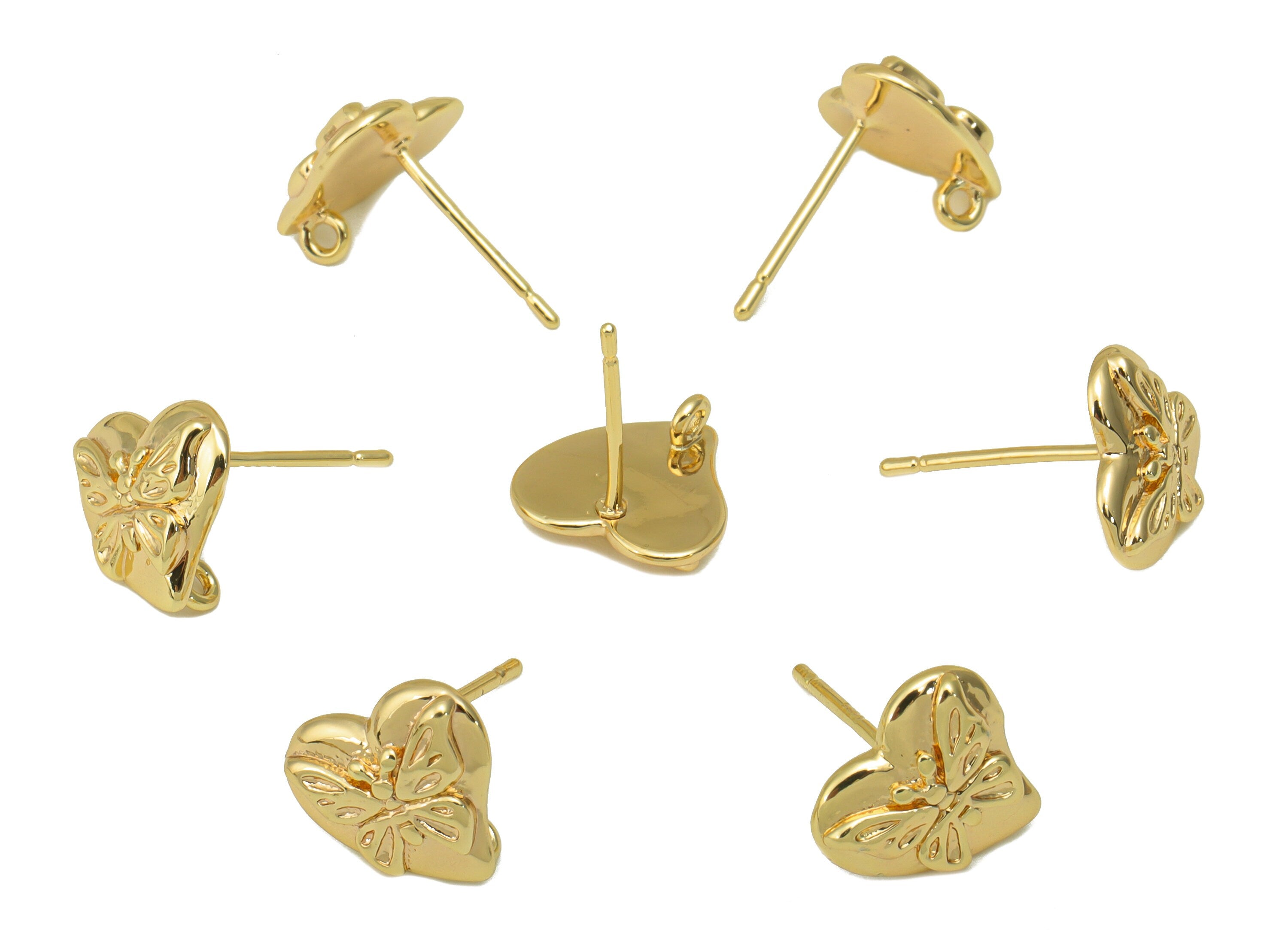 Brass Heart Earring Stud - Butterfly Earring Post - Butterfly Earring Post With Loop - 18K Real Gold Plated - 9.5x10.67x2.26mm- RGP6282 - DOMEDBAZAAR