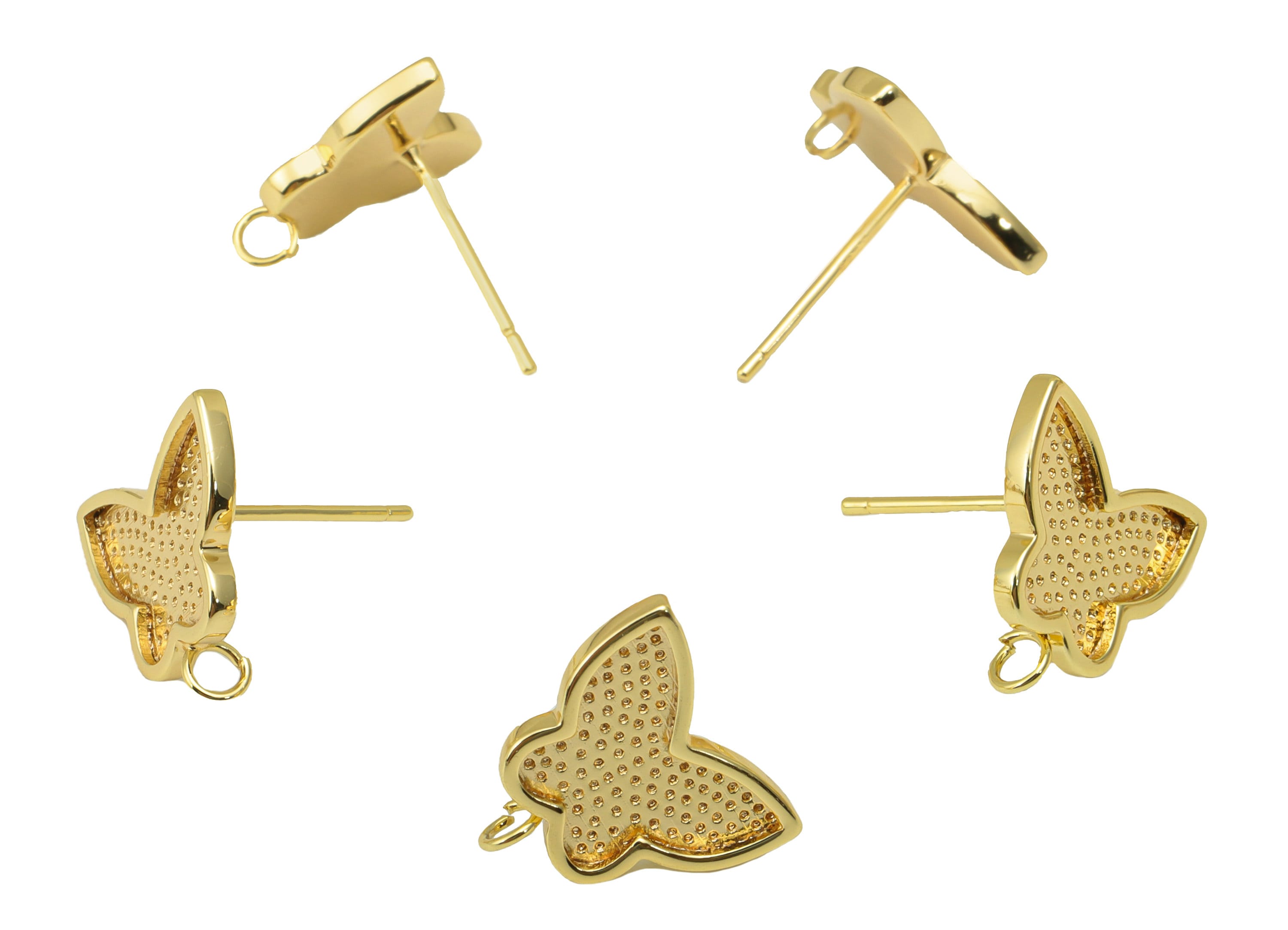 Brass Butterfly Earring Stud - Dot Butterfly Earring Post - Animal Earring Post With Loop - 18K Real Gold Plated - 12.4x12.96x1.5mm- RGP6265 - DOMEDBAZAAR