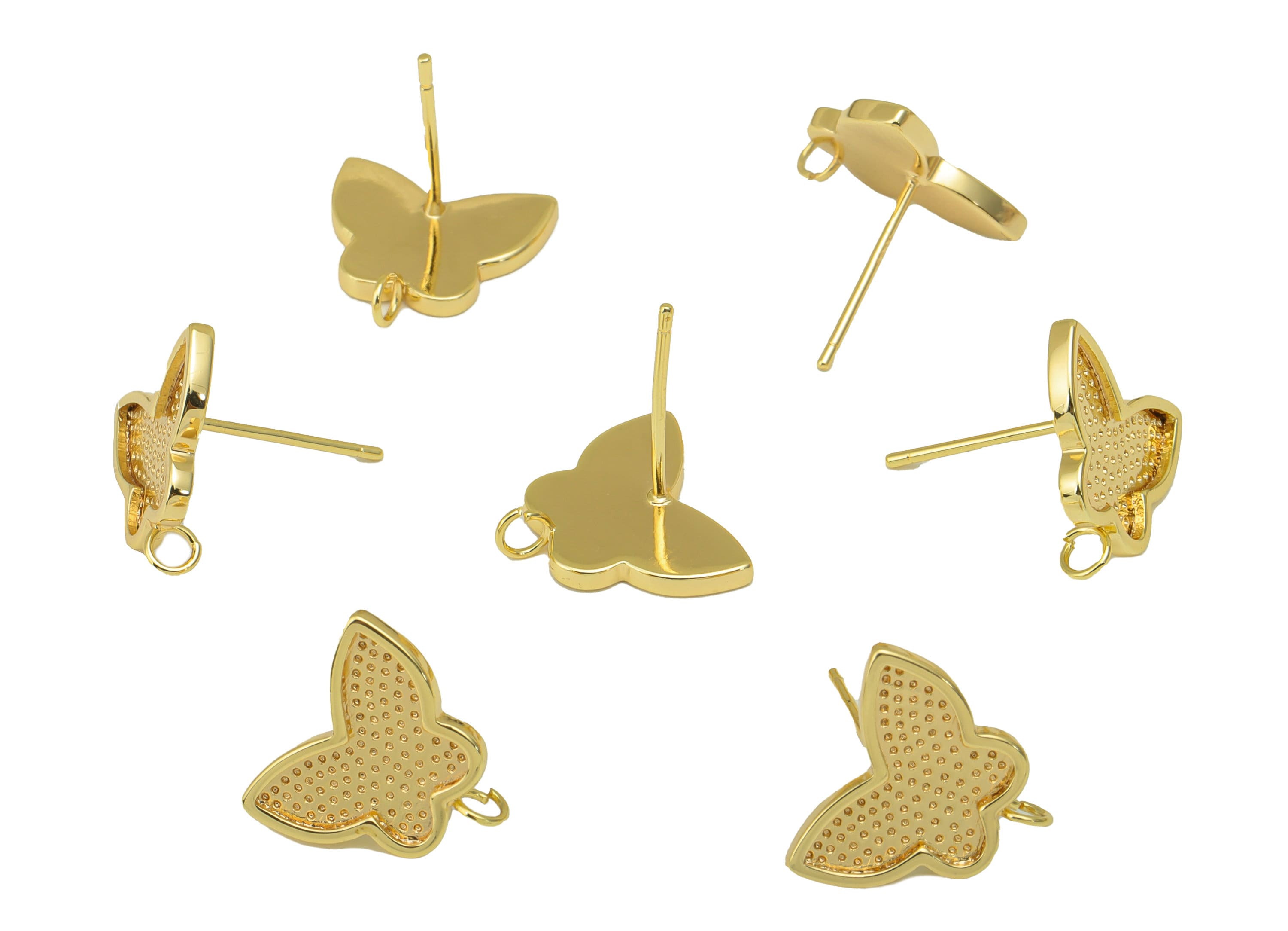 Brass Butterfly Earring Stud - Dot Butterfly Earring Post - Animal Earring Post With Loop - 18K Real Gold Plated - 12.4x12.96x1.5mm- RGP6265 - DOMEDBAZAAR