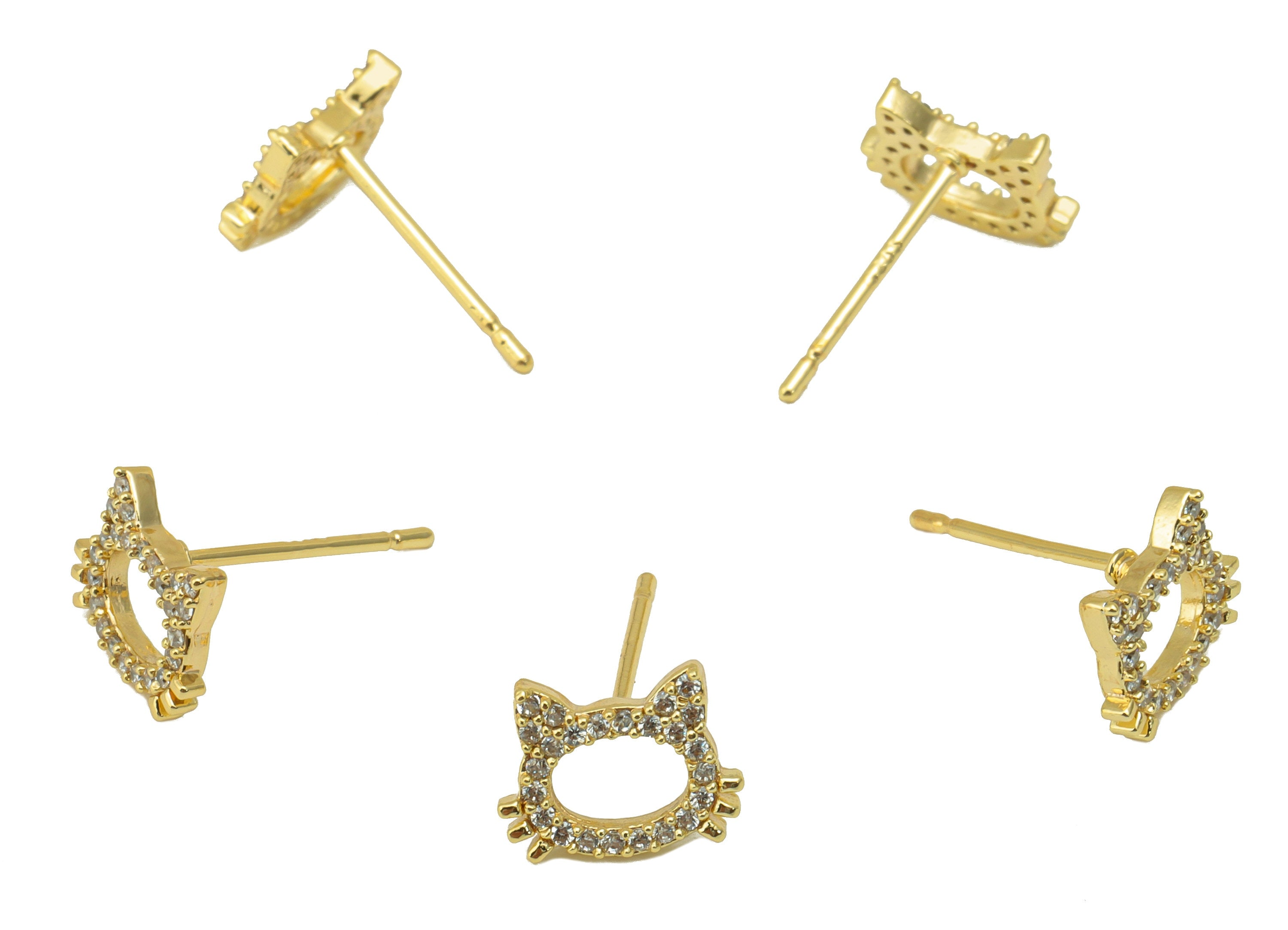 Brass Cat Earring Stud - Cubic Zircon Cat Head Earring Post - Hello Kitty Earring Post - 18K Real Gold Plated - 9.35x7.17x 1.52mm- RGP6241 - DOMEDBAZAAR