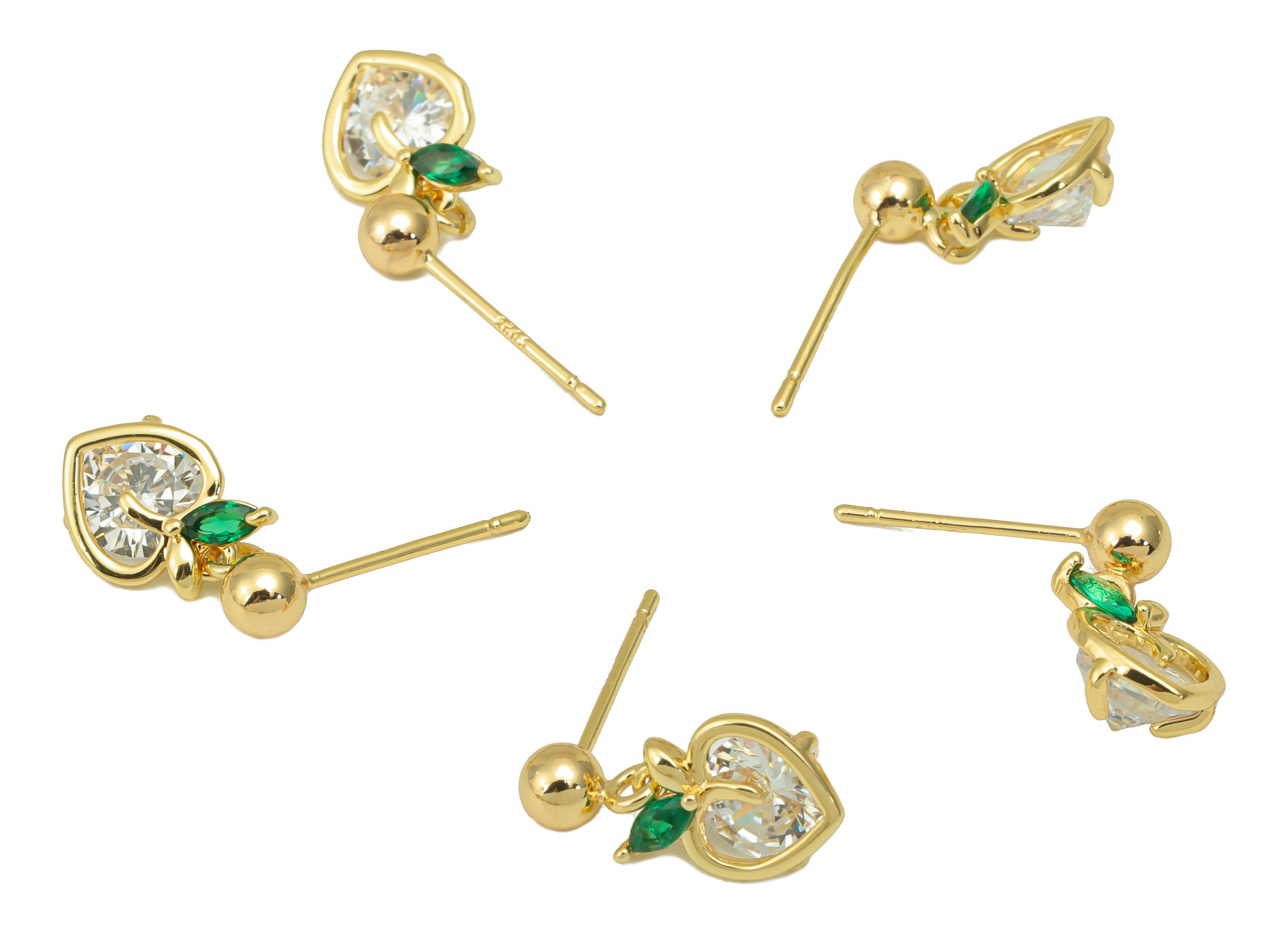 Brass Apple Earring Stud - Cubic Zircon Heart Head Earring Post - Green Leaf Earring Post - 18K Real Gold Plated - 14.95x7.7x4.48mm- RGP6272 - DOMEDBAZAAR