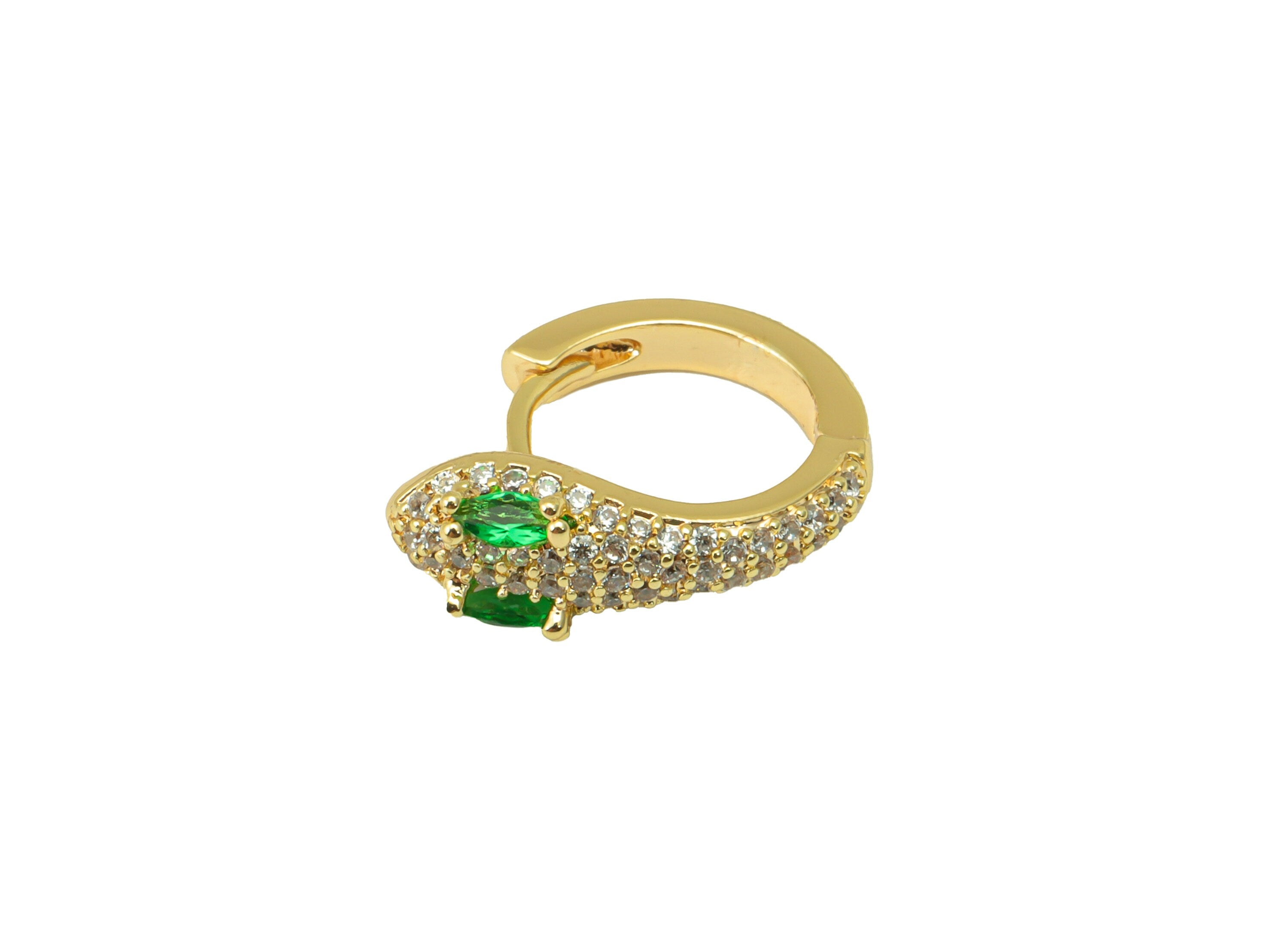 Brass Shake Clasp - Cubic Zircon Huggie Clasp - Green Hoop Clasp - CZ Snake Clasp Huggie - 18K Real Gold Plated - 16.51x15x 2.23mm- RGP6269 - DOMEDBAZAAR