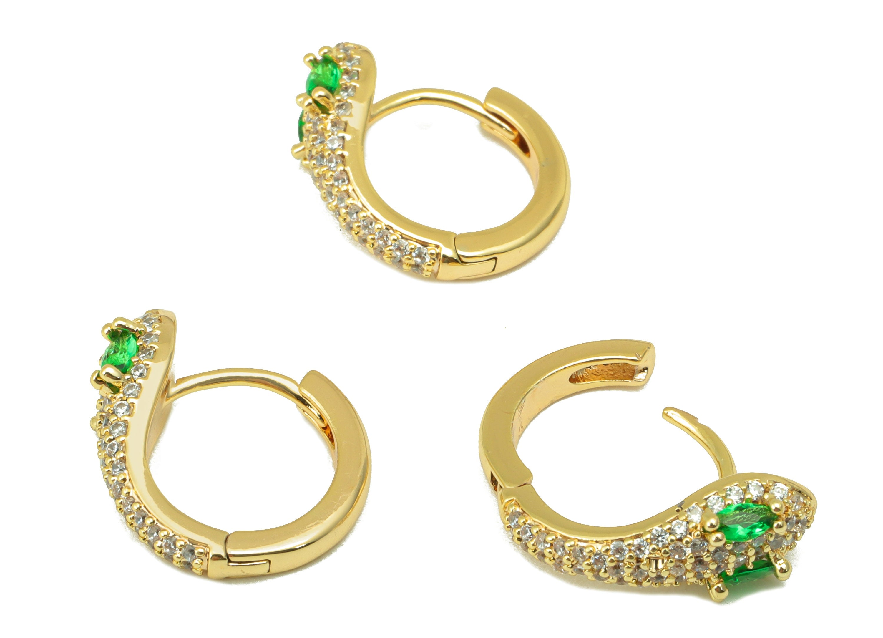 Brass Shake Clasp - Cubic Zircon Huggie Clasp - Green Hoop Clasp - CZ Snake Clasp Huggie - 18K Real Gold Plated - 16.51x15x 2.23mm- RGP6269 - DOMEDBAZAAR