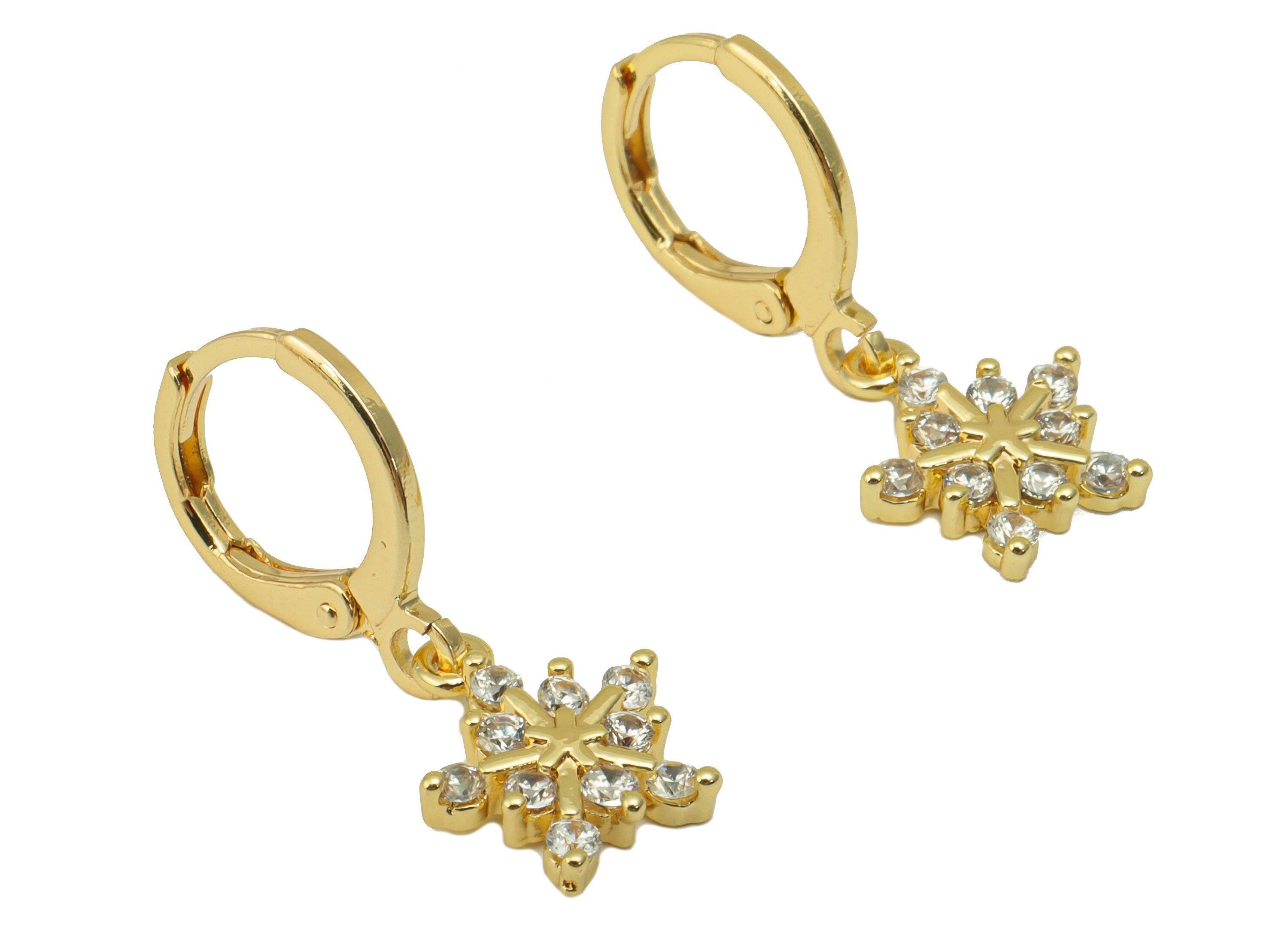 Brass Snowflake Clasp - Cubic Zircon Huggie Clasp - Lever Back Hoop Clasp - CZ Clasp Huggie - 18K Real Gold Plated -25.5x11x 2.38mm- RGP6275 - DOMEDBAZAAR