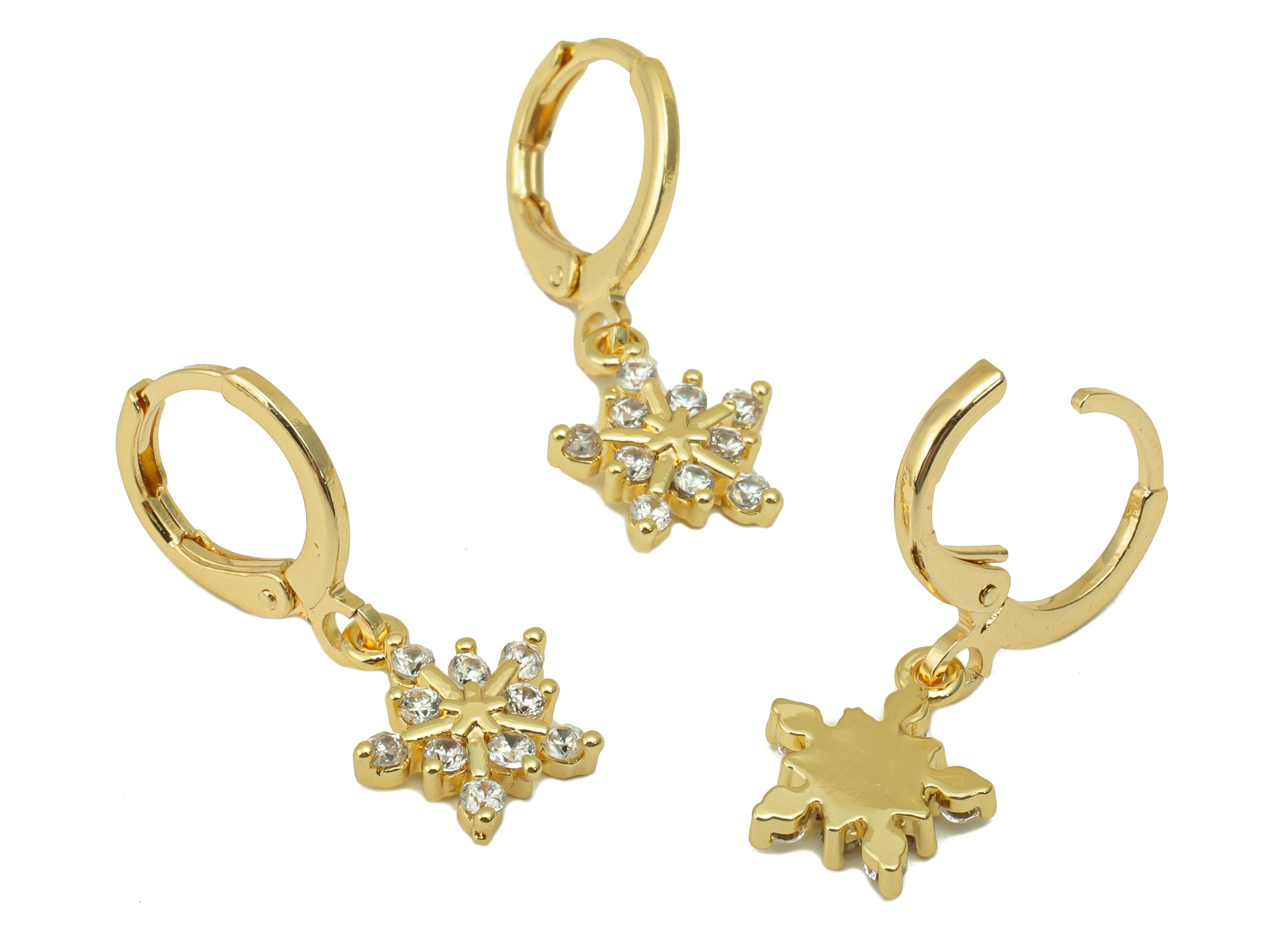 Brass Snowflake Clasp - Cubic Zircon Huggie Clasp - Lever Back Hoop Clasp - CZ Clasp Huggie - 18K Real Gold Plated -25.5x11x 2.38mm- RGP6275 - DOMEDBAZAAR