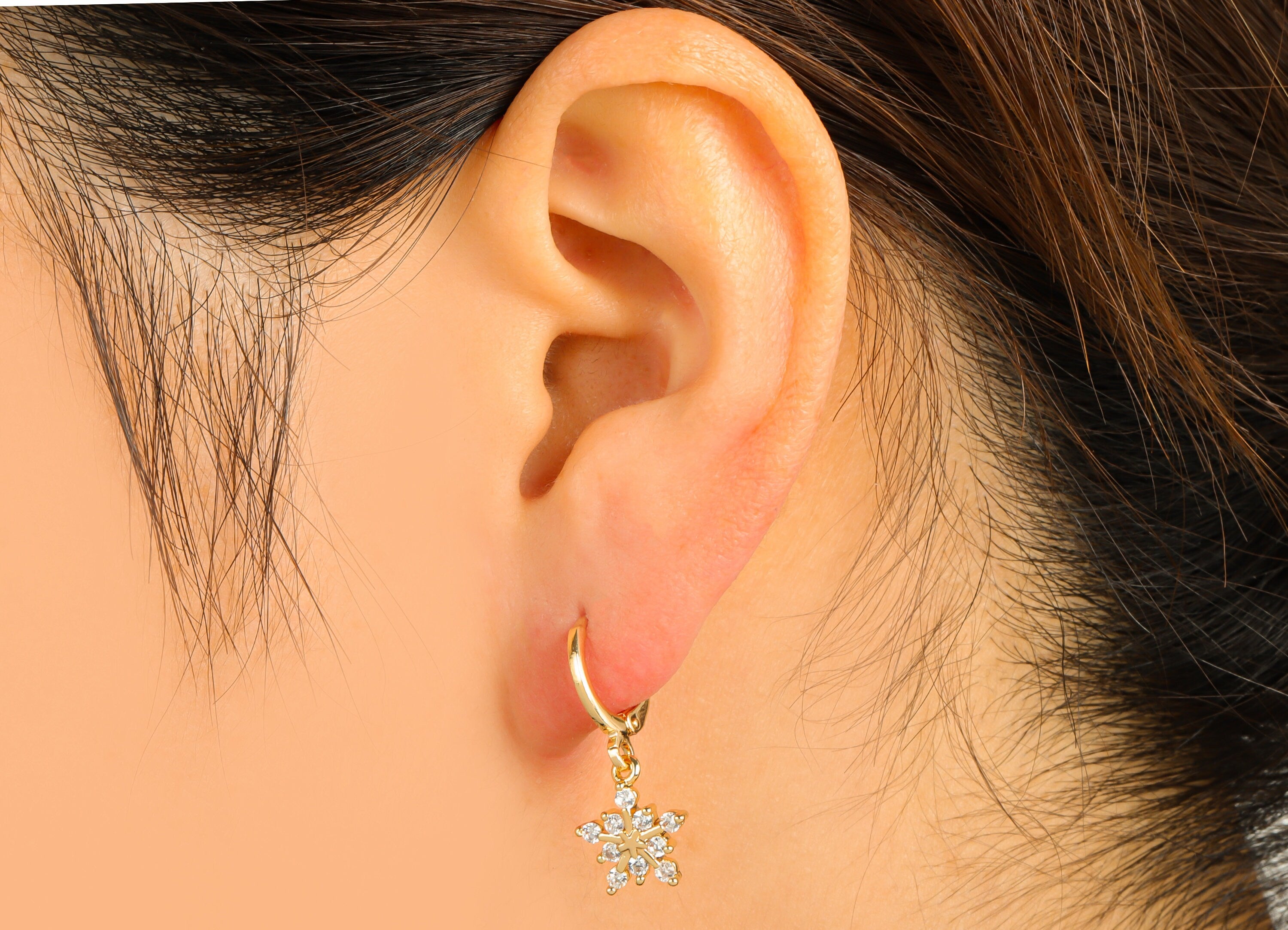 Brass Snowflake Clasp - Cubic Zircon Huggie Clasp - Lever Back Hoop Clasp - CZ Clasp Huggie - 18K Real Gold Plated -25.5x11x 2.38mm- RGP6275 - DOMEDBAZAAR