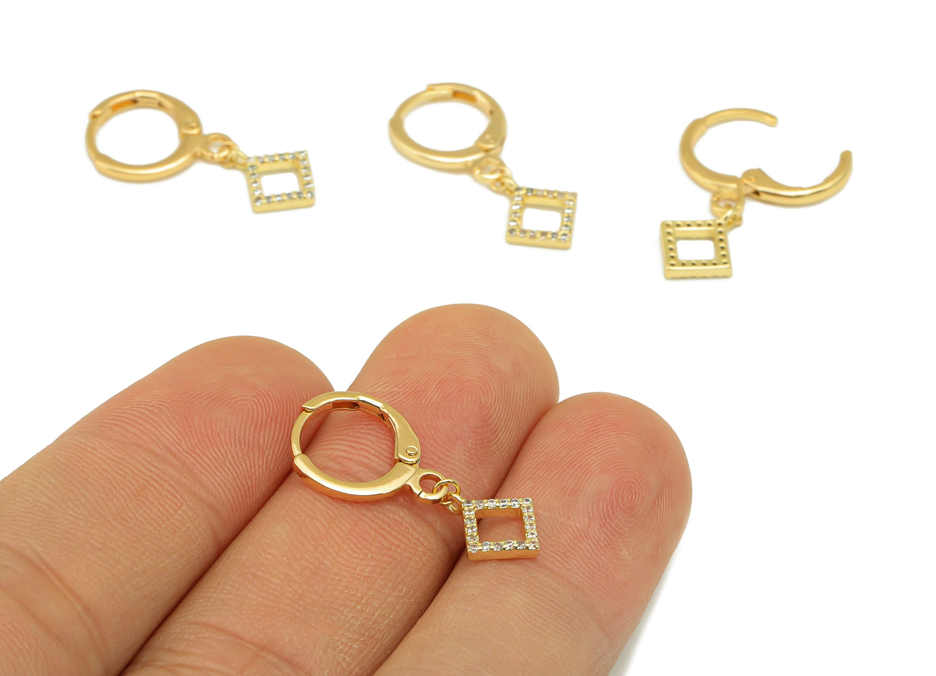 Brass Square Clasp - Cubic Zircon Huggie Clasp - Lever Back Hoop Clasp - CZ Clasp Huggie - 18K Real Gold Plated -25.45x11.19x1.77mm- RGP6041 - DOMEDBAZAAR