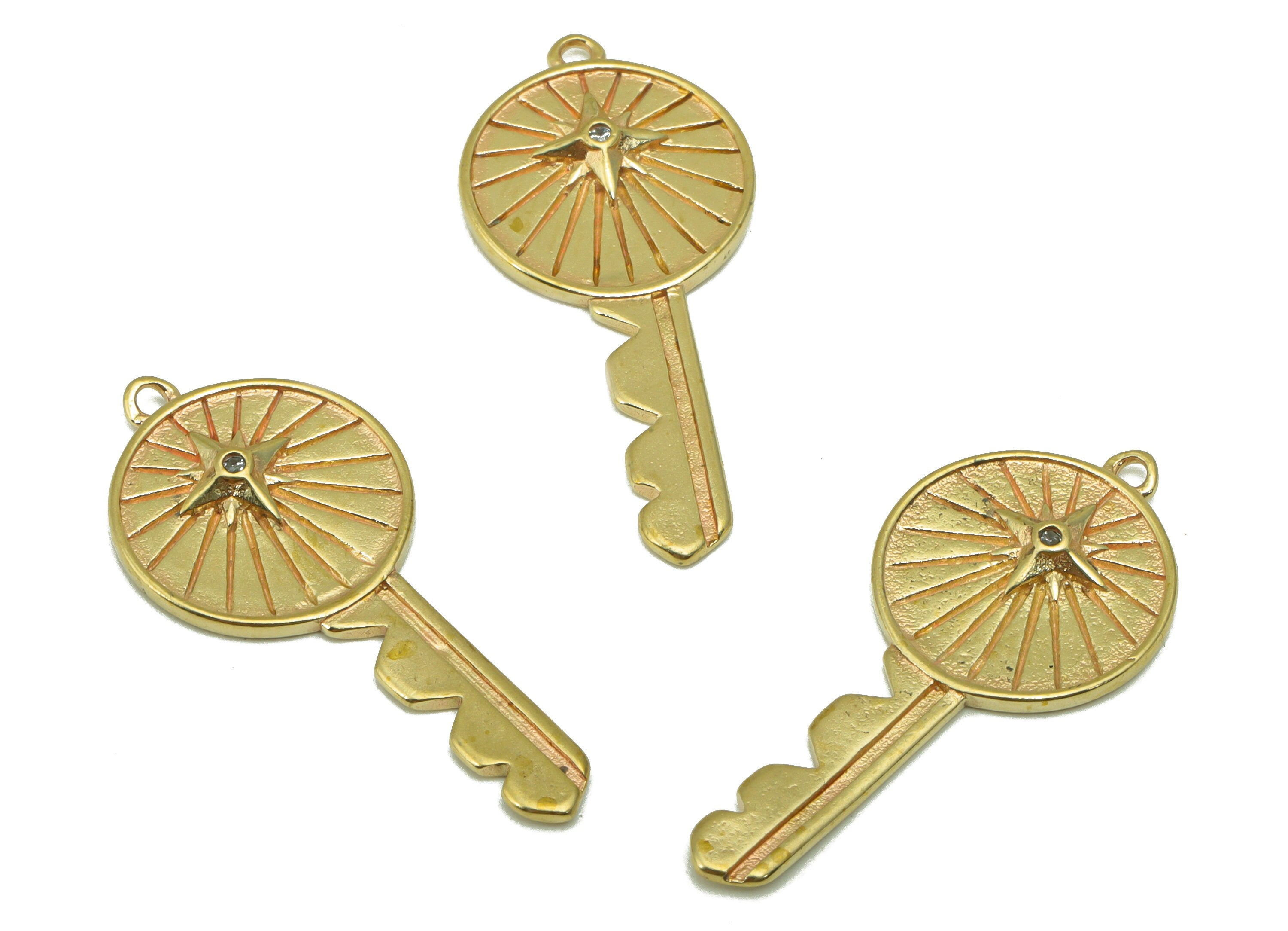 Brass Key Earring Charm - Raw Brass Key Pendant - CubicZircons -For Earring - Jewelry Supplies  -29 x 13 x2.1mm-PP8436 - DOMEDBAZAAR