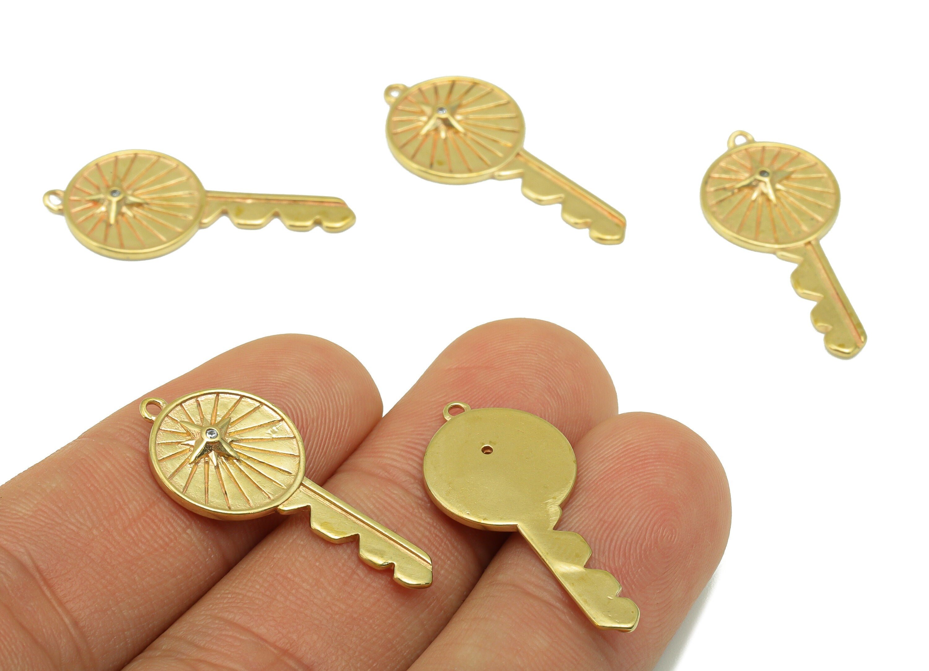 Brass Key Earring Charm - Raw Brass Key Pendant - CubicZircons -For Earring - Jewelry Supplies  -29 x 13 x2.1mm-PP8436 - DOMEDBAZAAR