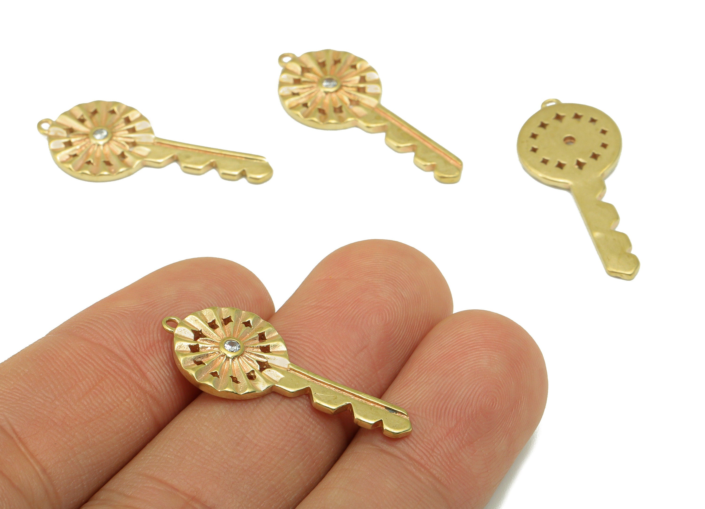 Brass Key Earring  Charm - Raw Brass Key Pendant - CubicZircons - Earring Finding -Jewelry Supplies -30x 13 x 2.12mm-PP8444 - DOMEDBAZAAR
