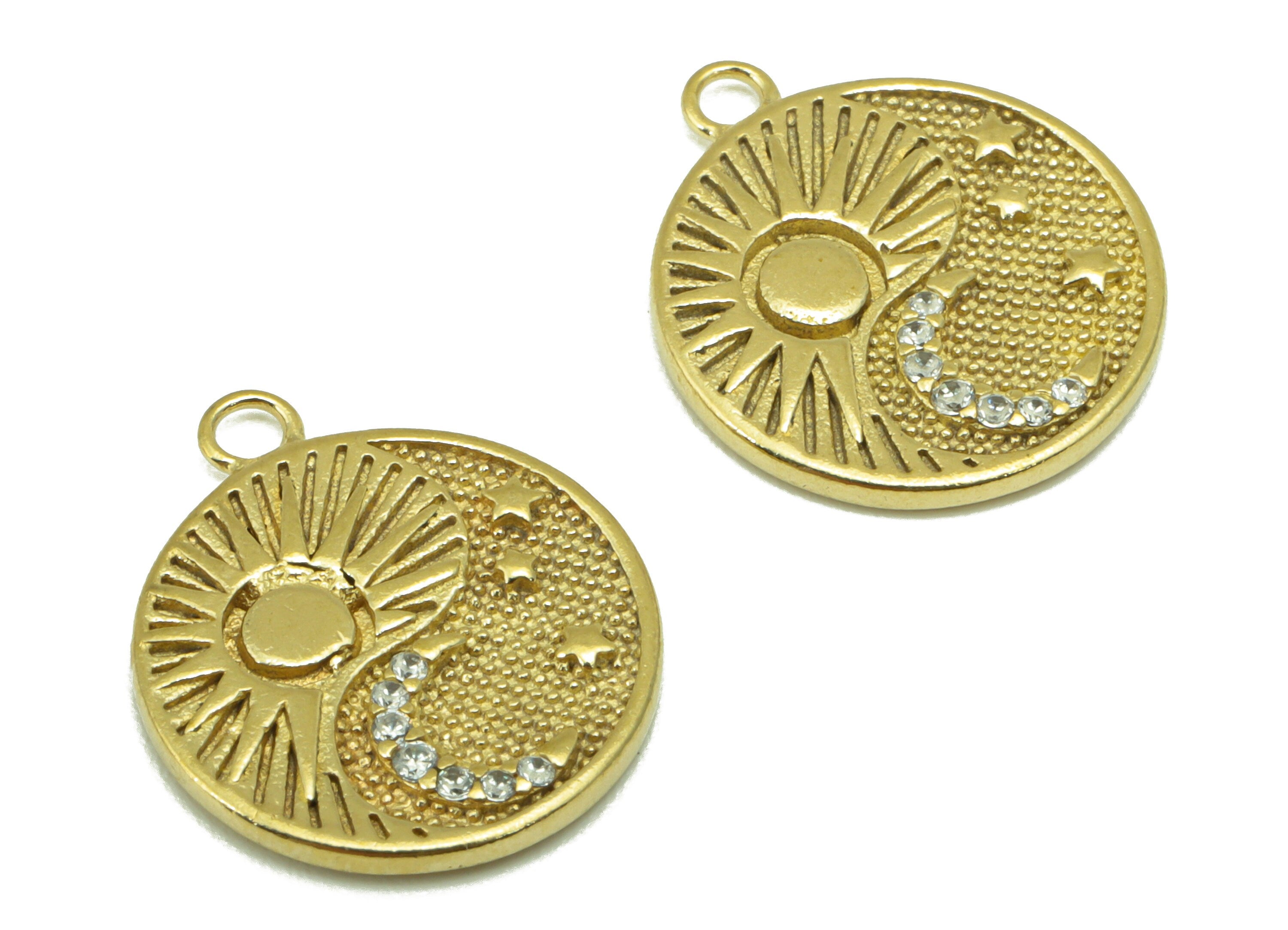 Brass Round Yin Yang Earring - Raw Brass Texture Pendant-Cubic Zirconia - Sunshine  Crescent  Charm - Earring Finding -16 x14 x 1.5mm-PP8409 - DOMEDBAZAAR