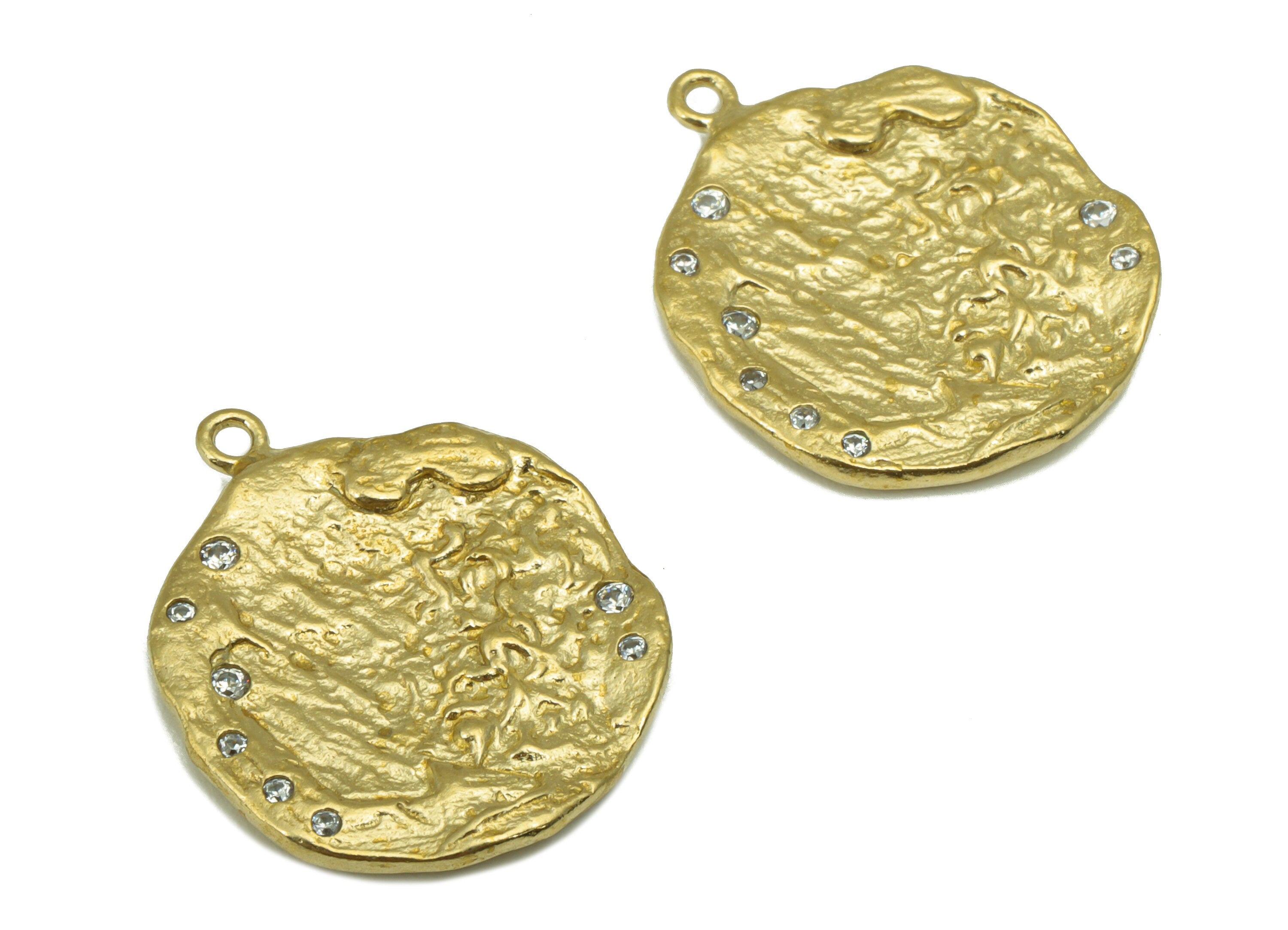 Brass Round  Earring  Charm-Raw Brass Textured Pendant - Cubic Zircon - Earring Finding-Jewelry Supplies -22x 18x1.83mm-PP8405 - DOMEDBAZAAR