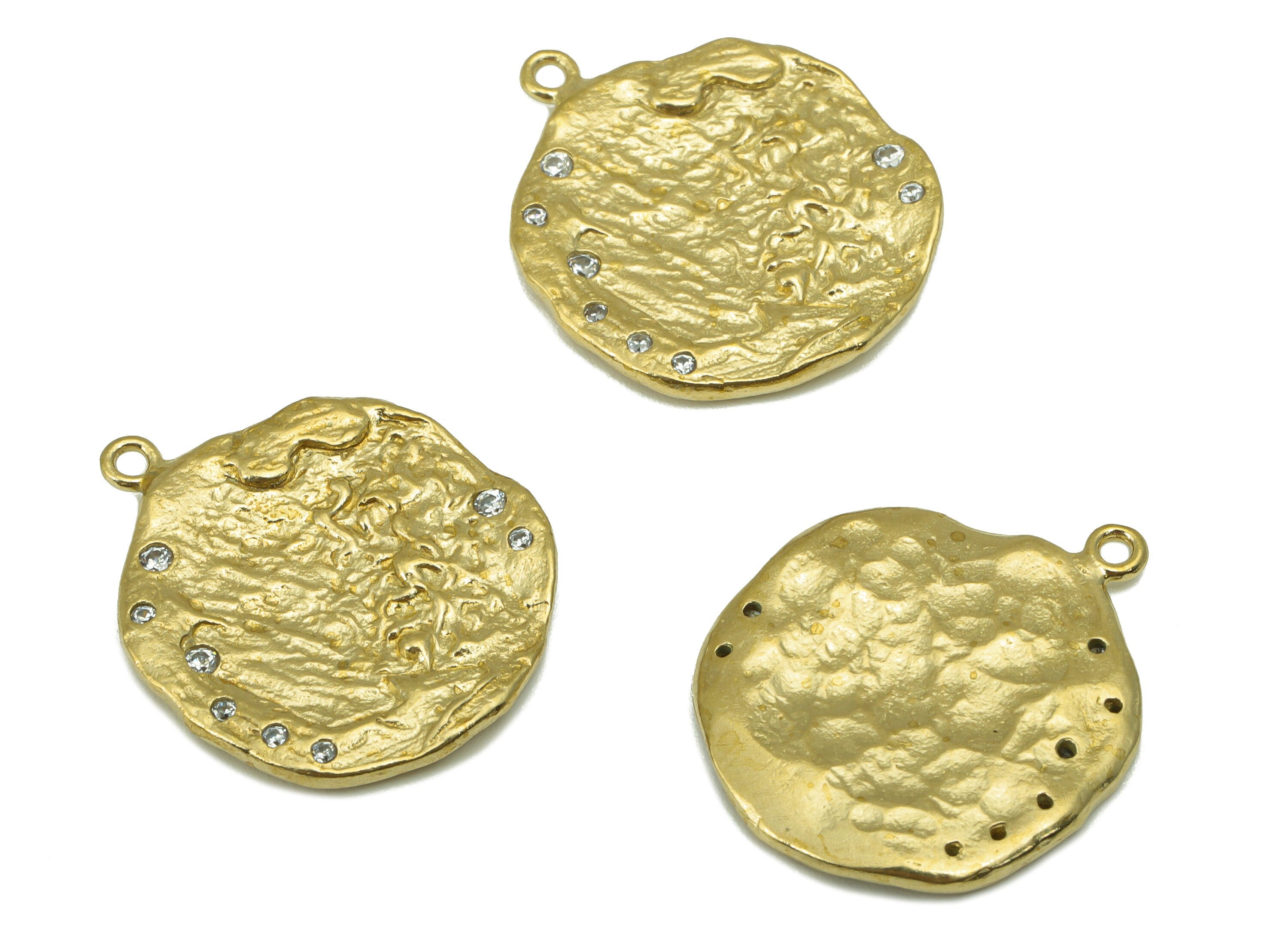 Brass Round  Earring  Charm-Raw Brass Textured Pendant - Cubic Zircon - Earring Finding-Jewelry Supplies -22x 18x1.83mm-PP8405 - DOMEDBAZAAR