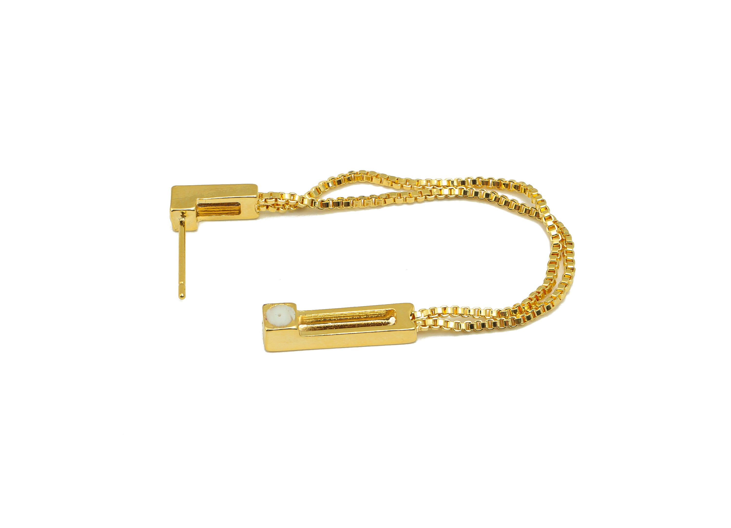 Brass Chain Earring Stud - Rectangle Earring Post - Hanging Chain Earring Post -Cube Chain Earring- 18K Real Gold Plated-92x4x4mm- RGP6689 - DOMEDBAZAAR