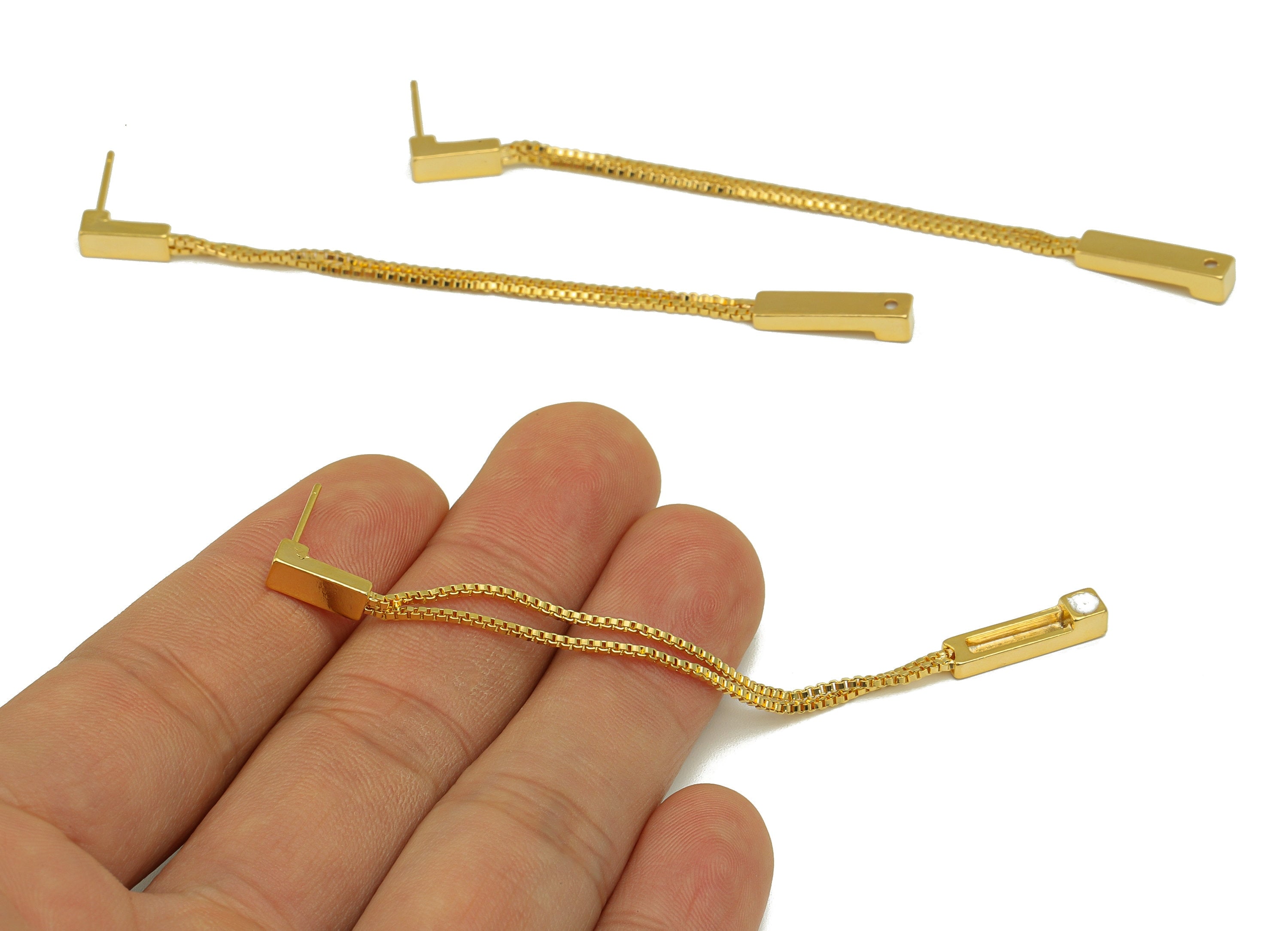 Brass Chain Earring Stud - Rectangle Earring Post - Hanging Chain Earring Post -Cube Chain Earring- 18K Real Gold Plated-92x4x4mm- RGP6689 - DOMEDBAZAAR