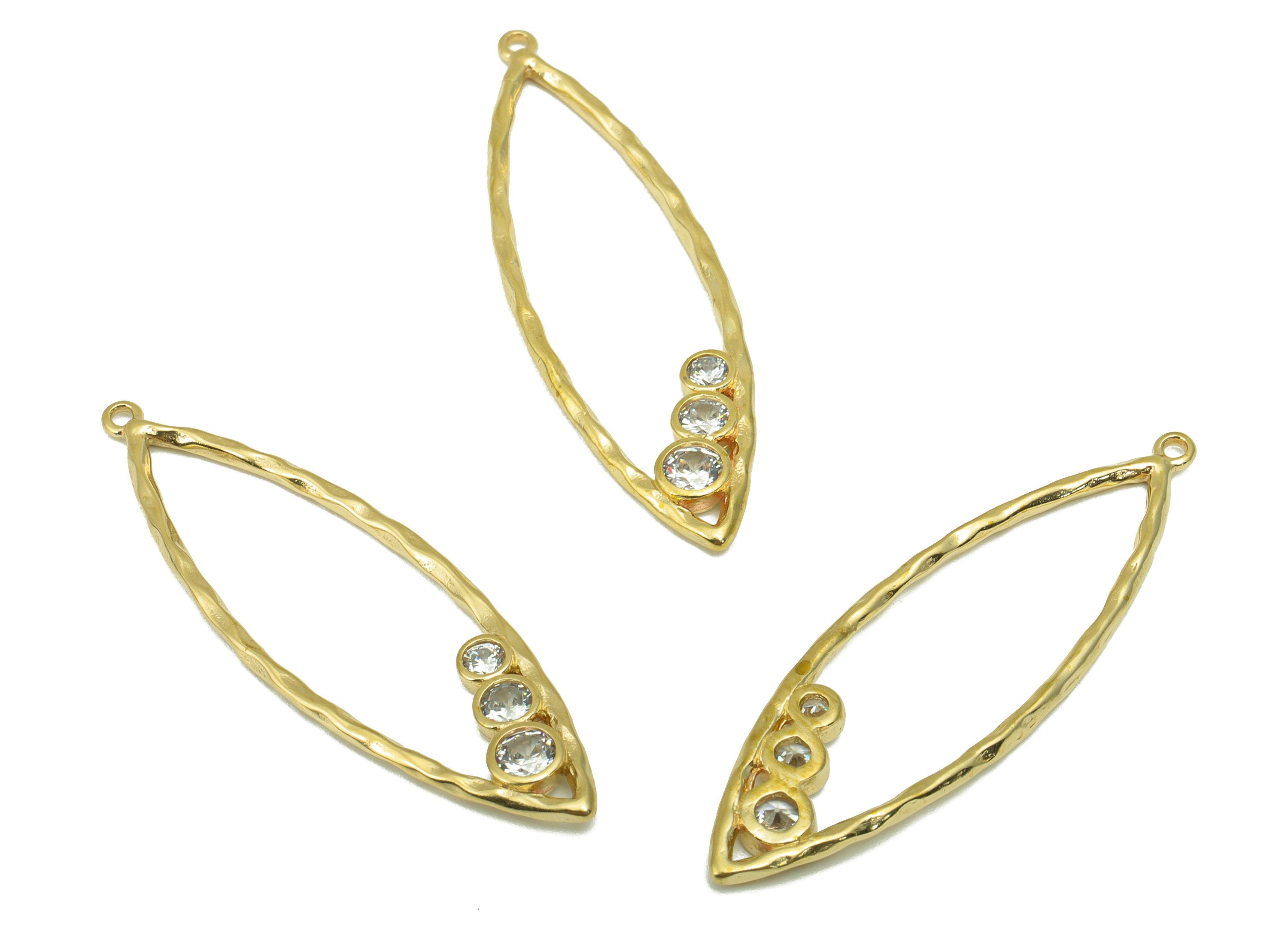 Brass Marquise Earring Charm-Raw Brass Hammered Pendant-Cubic Zircon- Earring Making-JewelrySupplies -41 x11 x1.72mm-PP8439 - DOMEDBAZAAR
