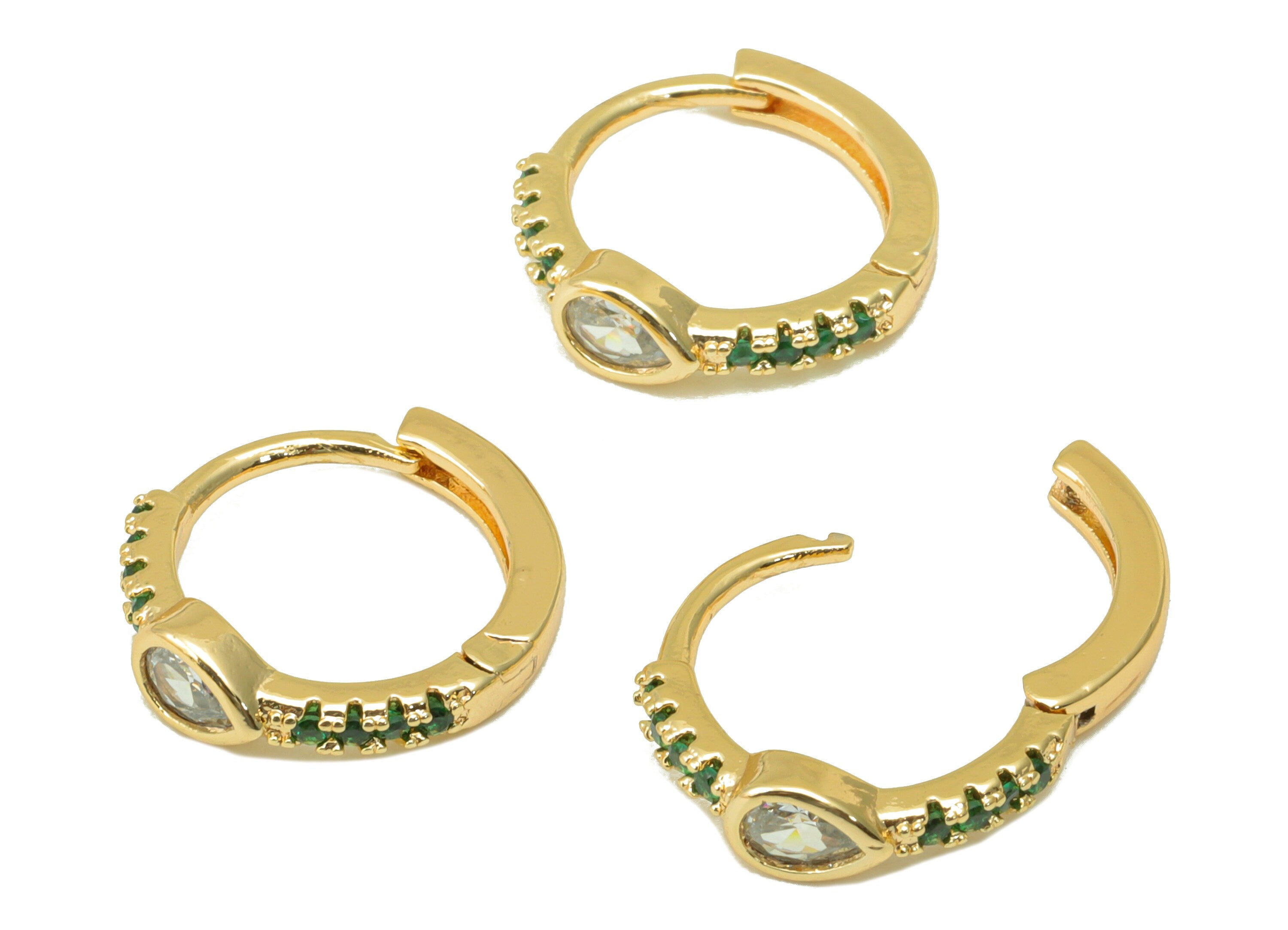 Brass Ring Clasp - Cubic Zircon Huggie Clasp - Green Hoop Clasp - CZ Teardrop Clasp Huggie - 18K Real Gold Plated -14.05x12.95x2mm- RGP6274 - DOMEDBAZAAR