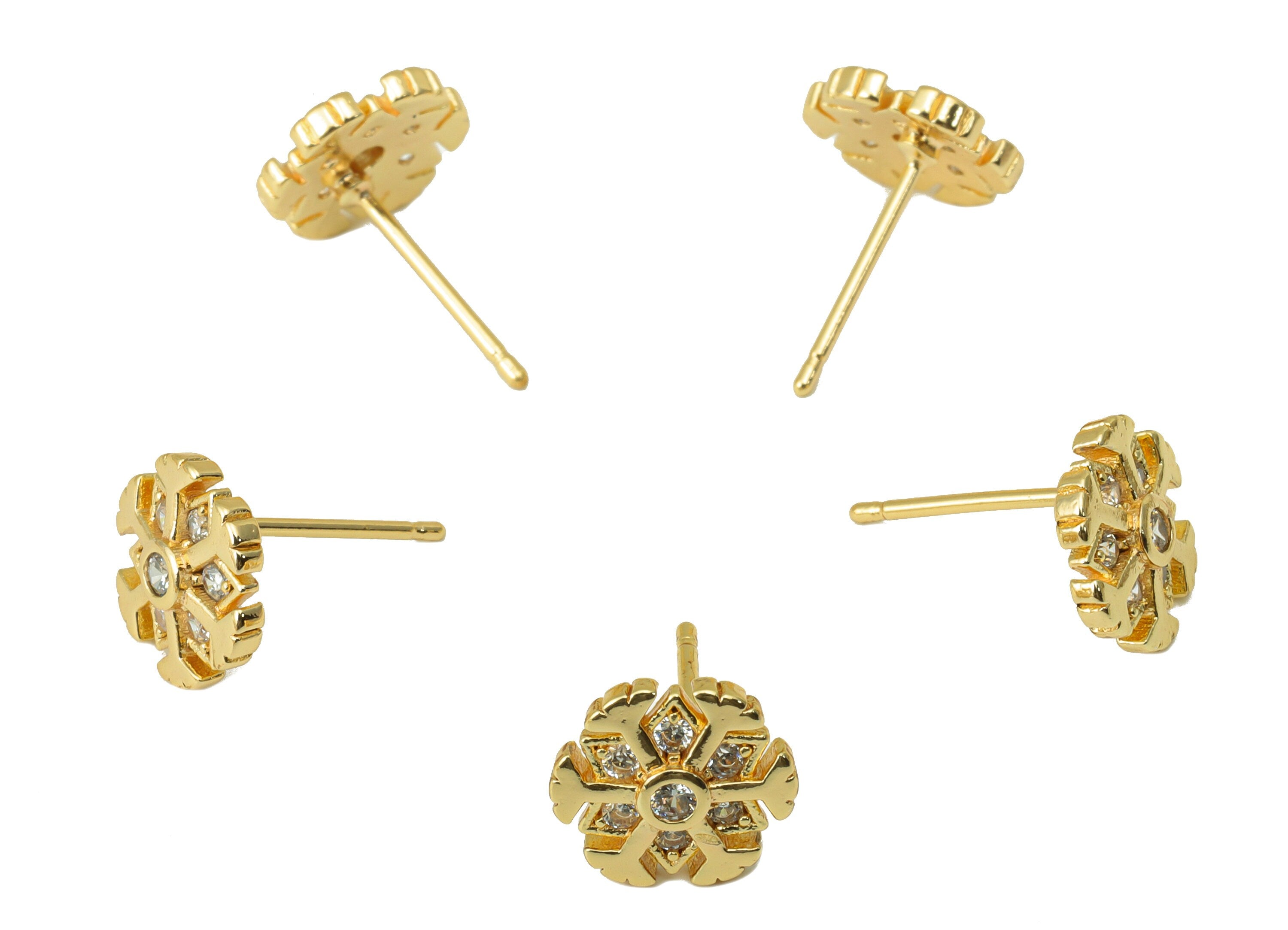 Brass Snowflake Earrings Stud - Brass Flower Earring Post - Cubic Zircon Earring Post - 18K Real Gold Plated -9.2x9.27x1.64mm- RGP6219 - DOMEDBAZAAR