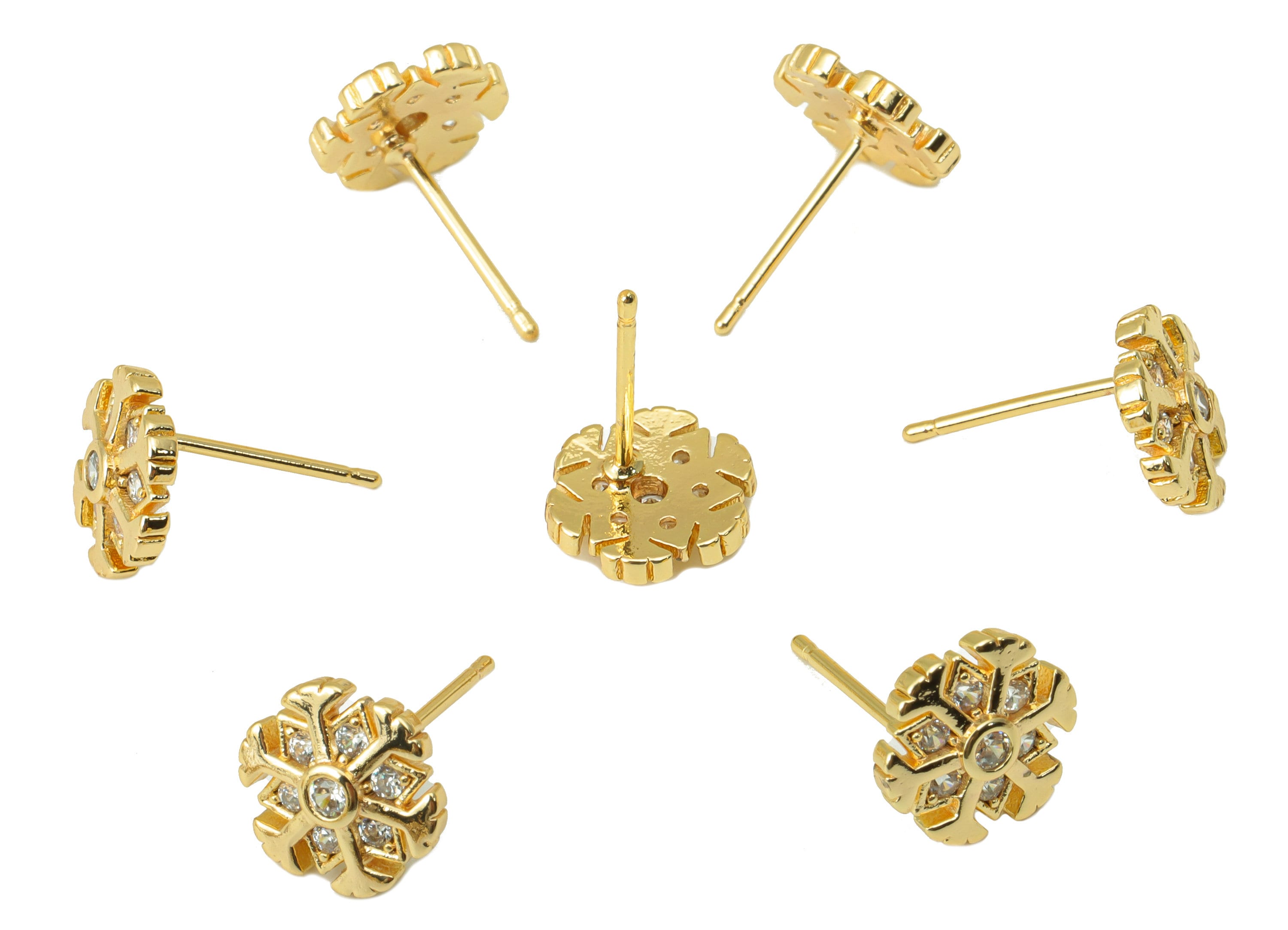 Brass Snowflake Earrings Stud - Brass Flower Earring Post - Cubic Zircon Earring Post - 18K Real Gold Plated -9.2x9.27x1.64mm- RGP6219 - DOMEDBAZAAR