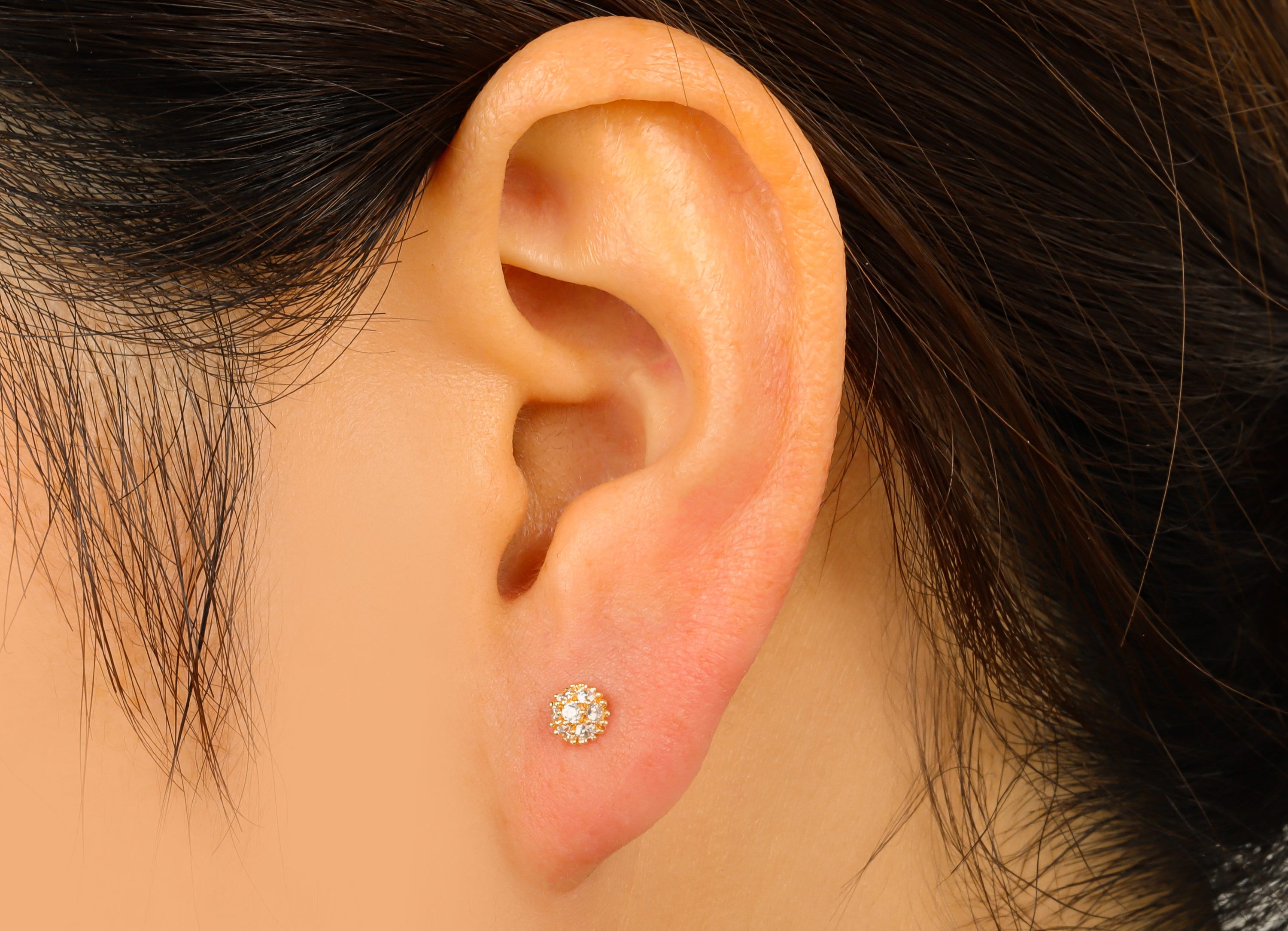 Brass Half Round Earrings Stud - Brass Button Earring Post - Mini Cubic Zircon Earring Post - 18K Real Gold Plated - 5x4.74x 2.78mm- RGP6242 - DOMEDBAZAAR