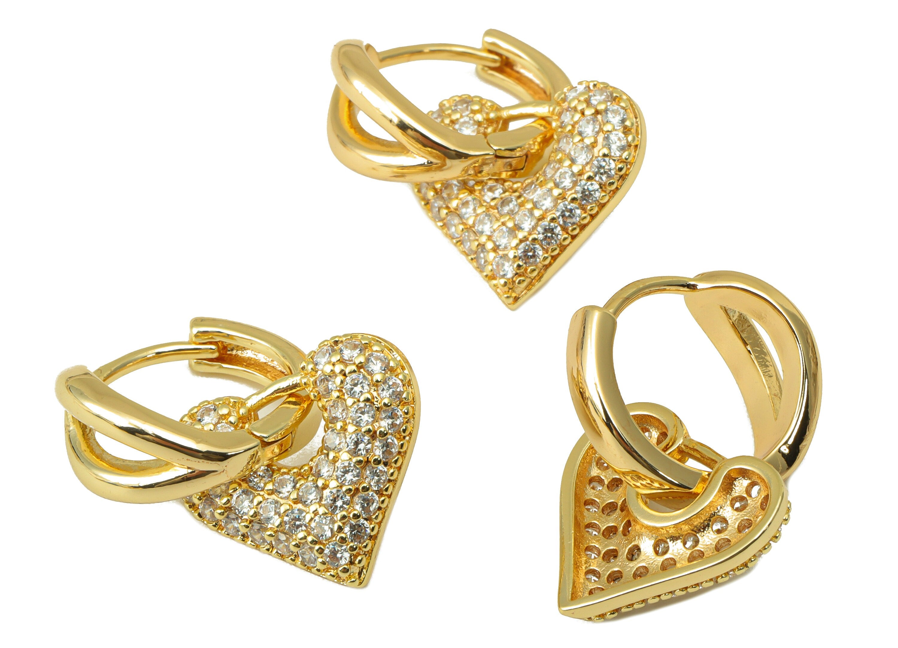 Brass Heart Hoop Clasp- Brass Cubic Zirconia Clasp - CZ Huggie Hoop - Heart Huggie Hoop - 18K Real Gold Plated -24.05x15.31x 2.57mm- RGP6264 - DOMEDBAZAAR
