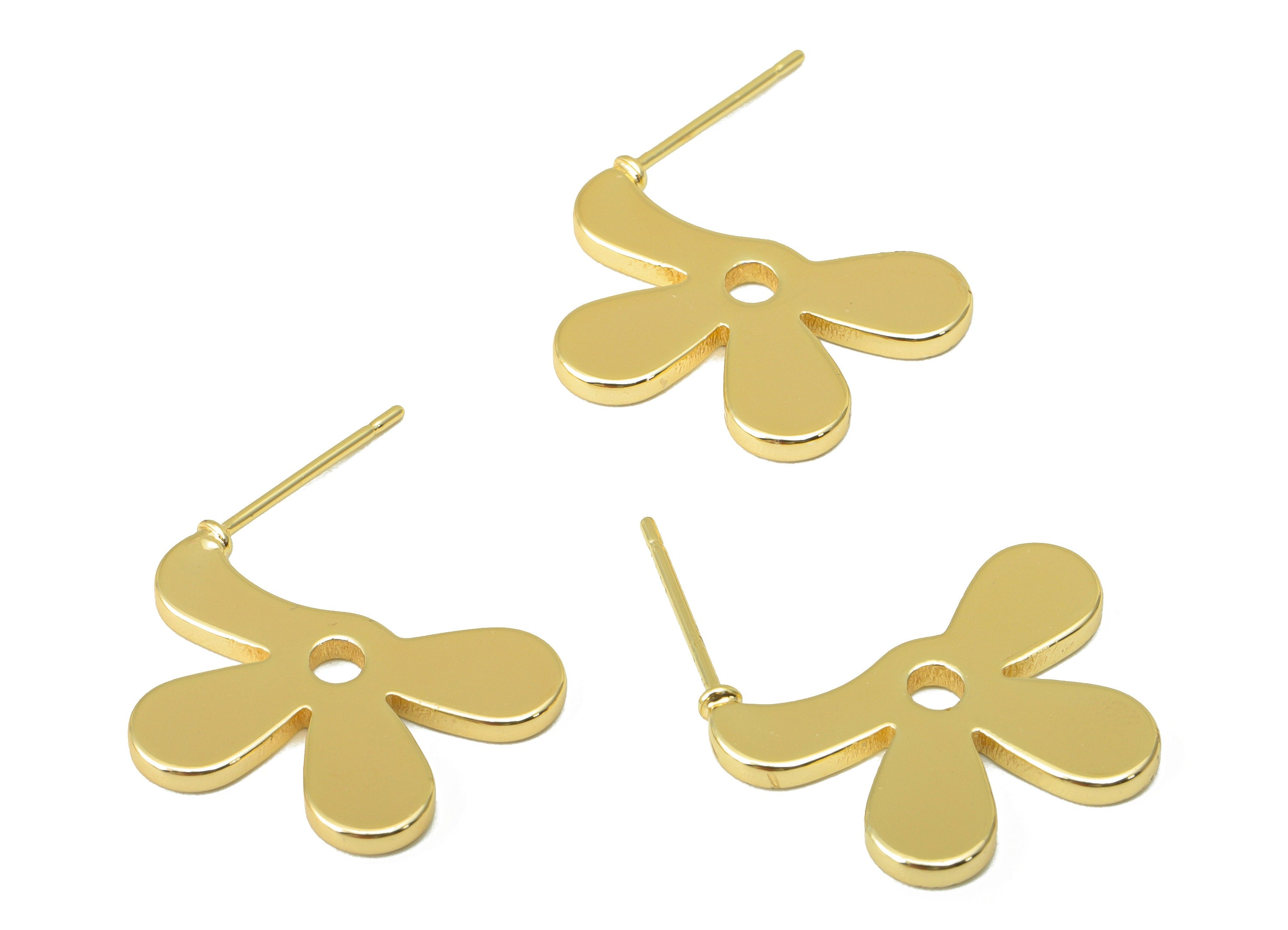 Brass Flower Stud Earring - Brass Flower Earring Post -  Brass Botanical Earring Post - 18K Real Gold Plated - 19x24x2mm- RGP6235 - DOMEDBAZAAR