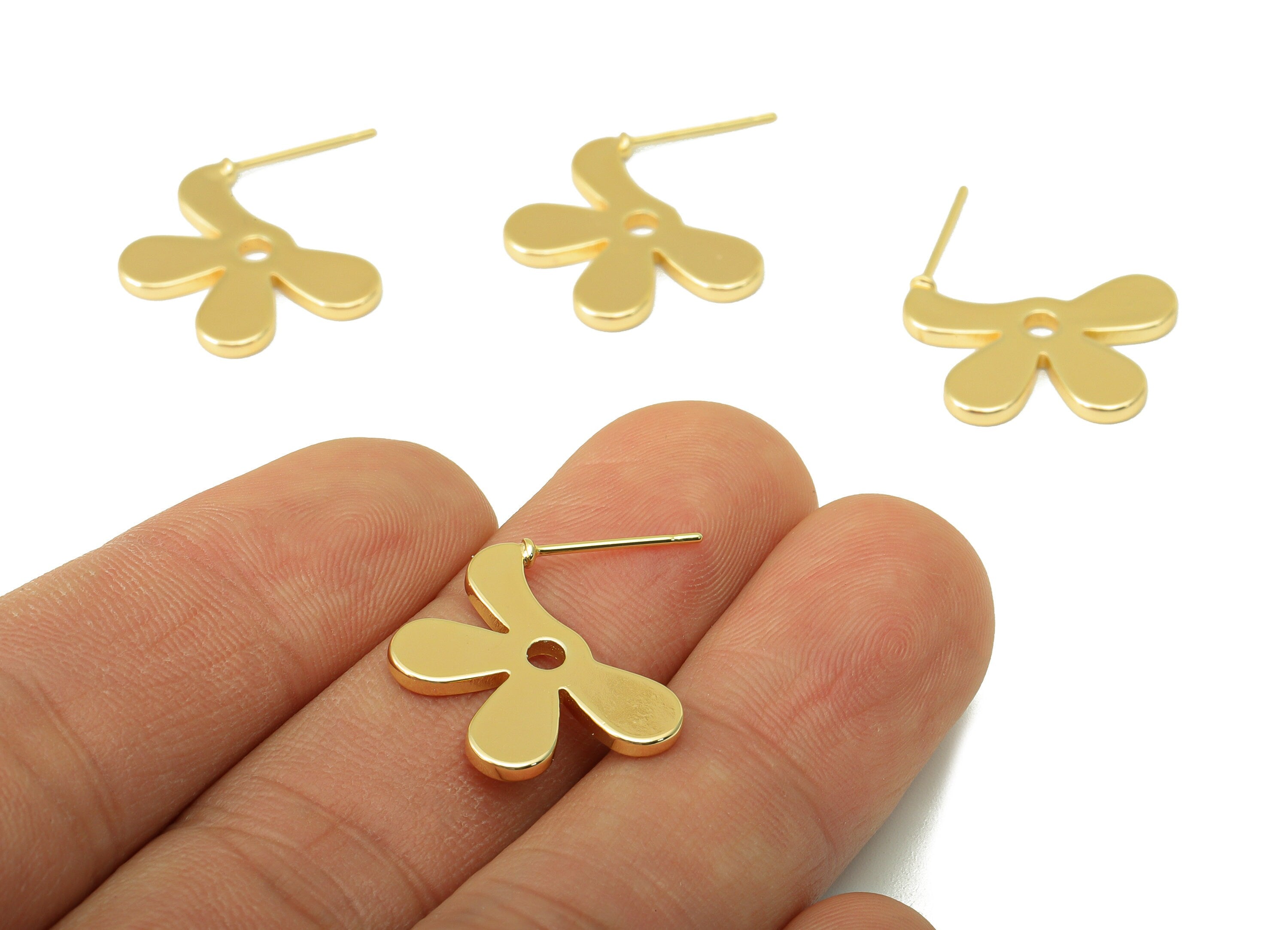 Brass Flower Stud Earring - Brass Flower Earring Post -  Brass Botanical Earring Post - 18K Real Gold Plated - 19x24x2mm- RGP6235 - DOMEDBAZAAR