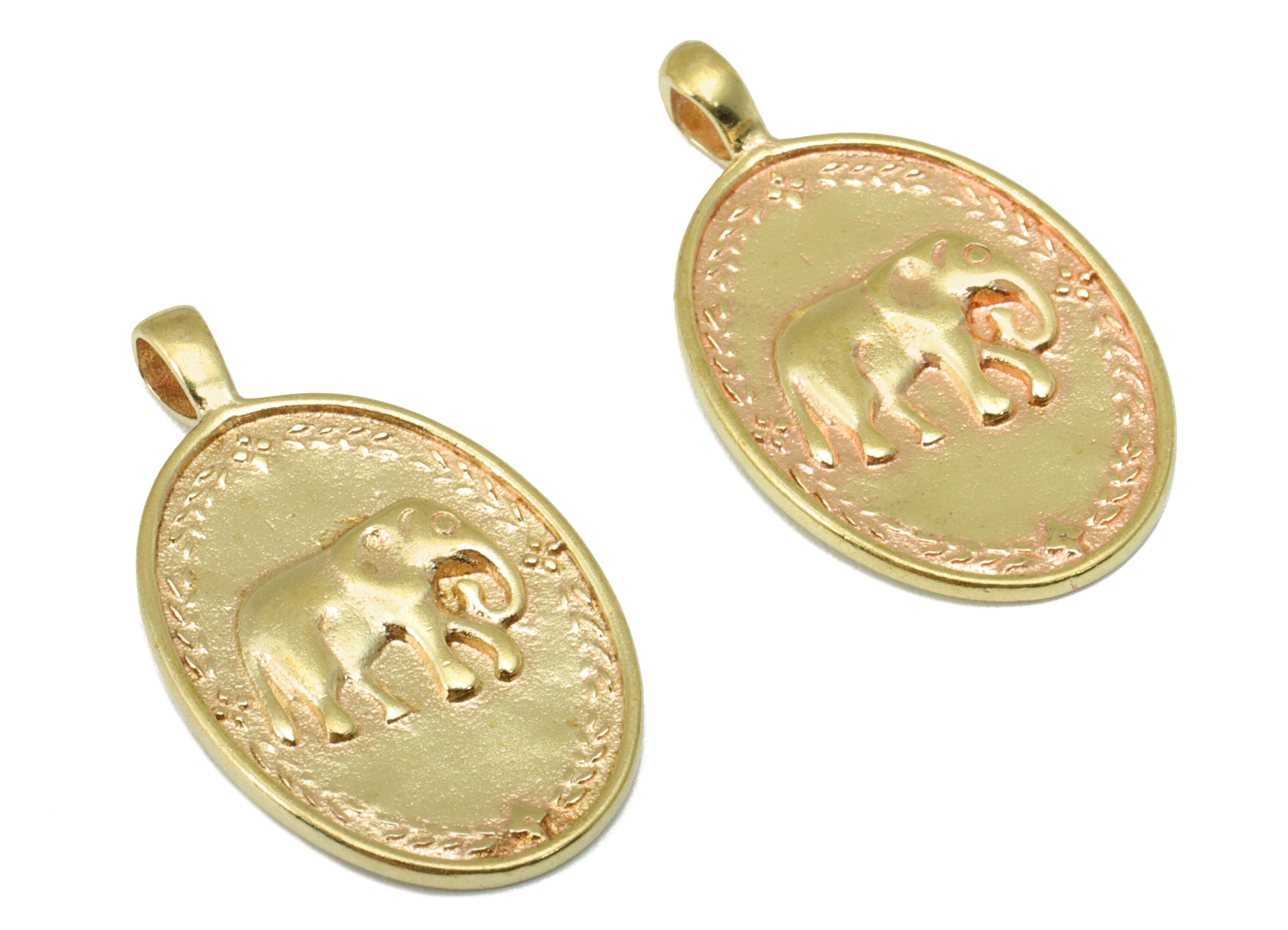 Brass Ellipse Earring - Brass Elephant Frone Oval Pendant - Brass Vintage Lace Looking Charm - For Necklace - 23.35 x 13.48 x 1.28mm- PP8508 - DOMEDBAZAAR