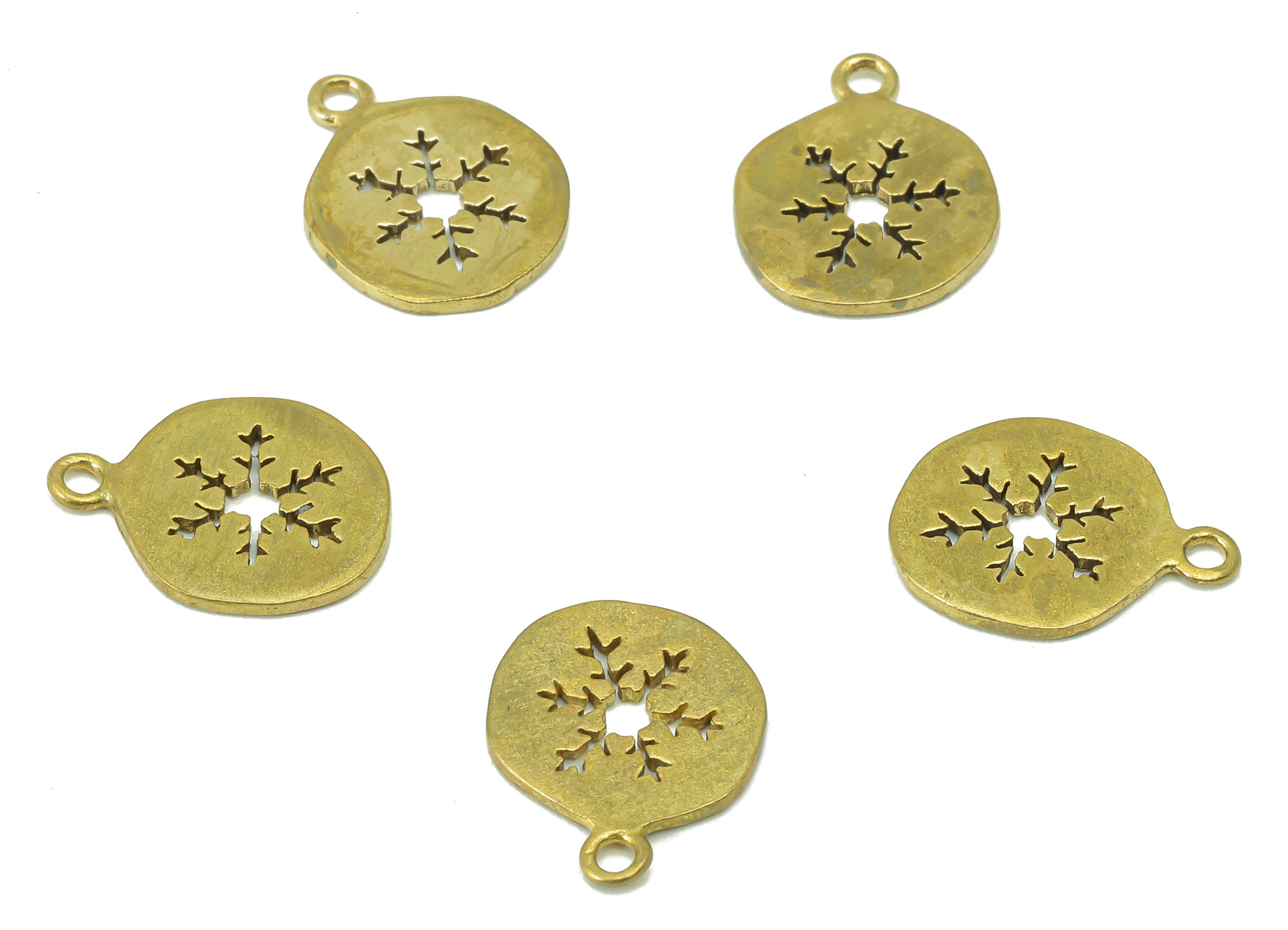 Brass Round Earring - Raw Brass Snowflake Pendant-Winter Charm-Earring Charms - For Necklace - Jewelry Supplie -12x 10 x 0.79mm-PP8312 - DOMEDBAZAAR